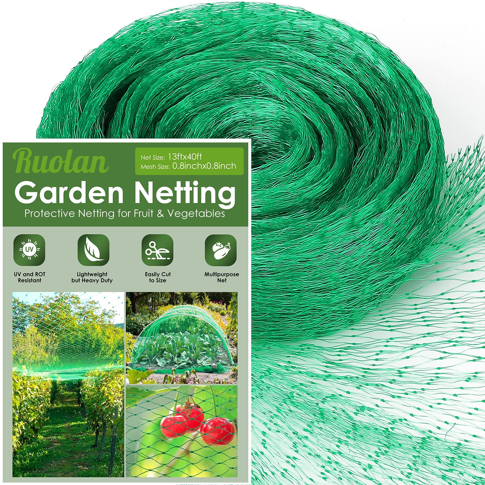 13X40Ft Bird Netting for Garden Protect Vegetable Plants and 13X40, Green