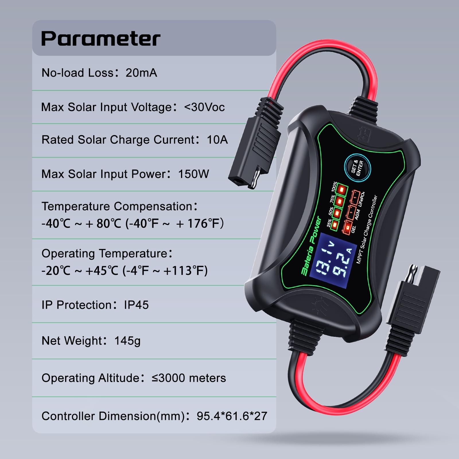 10A 12V MPPT Solar Charge Controller, Portable Battery Power Intelligent