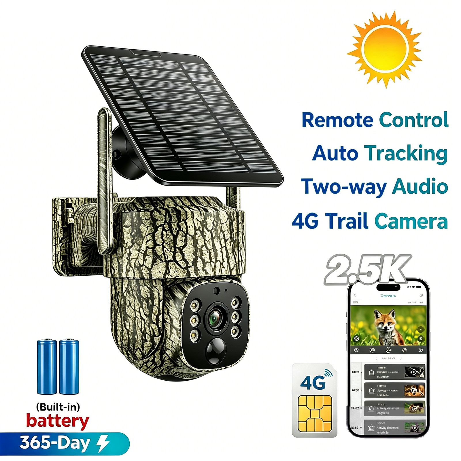 4G LTE Security Camera No WiFi with SIM Card 2.5K Smart Solar Powered Wireless