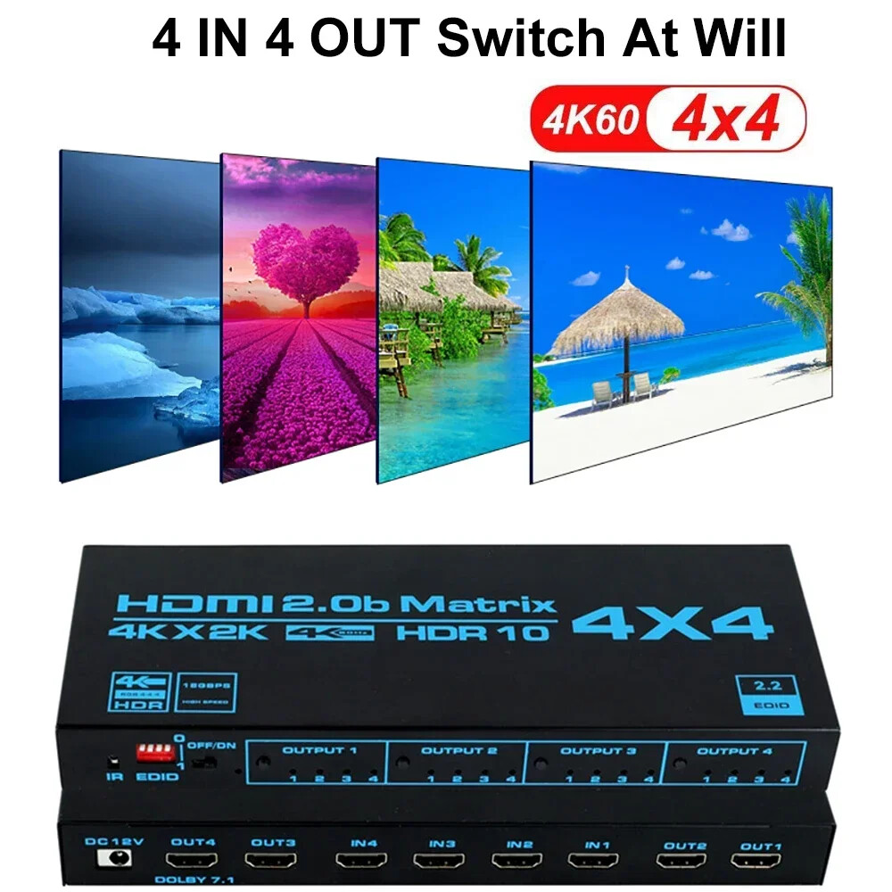 4x4 HDMI True Matrix 4K@60Hz HDMI Matrix Switcher Splitter Converter 4 In 4 Out