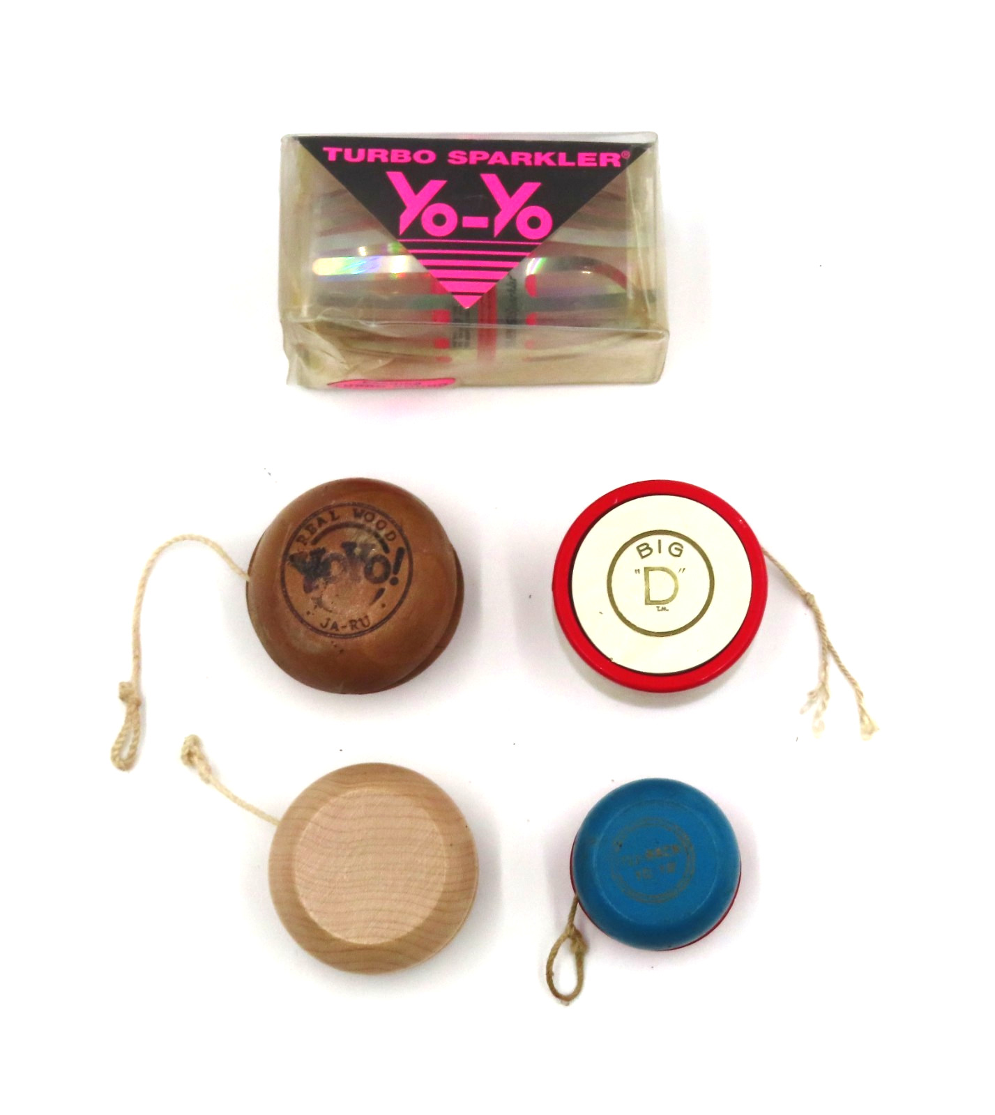 Lot of five mixed vintage yo-yo's, Big”D”, Fli-Back, Turbo Sparkler, Ja-Ru,Plain