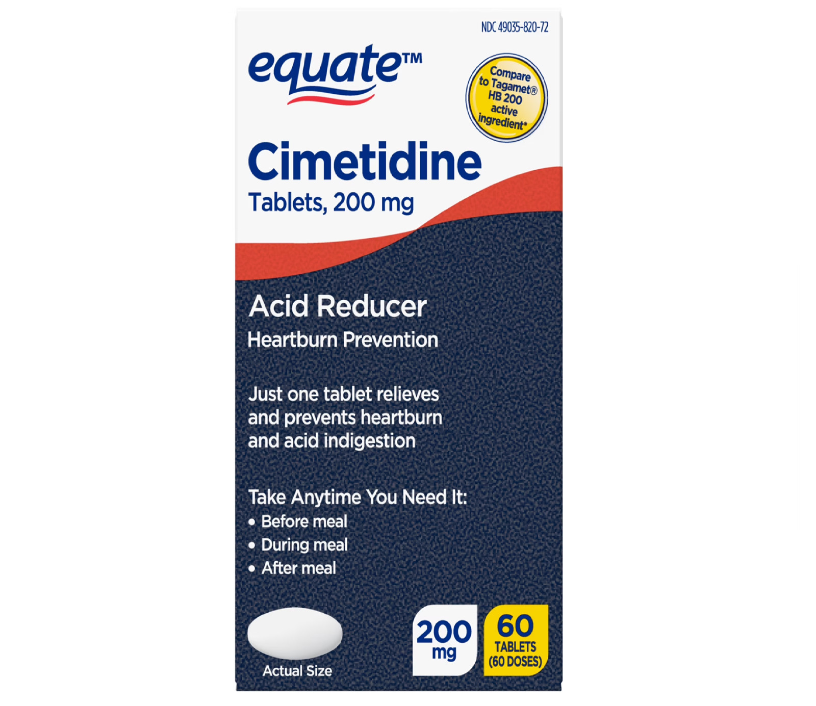 Equate Cimetidine Tablets 200 mg, Acid Reducer, 60 Count
