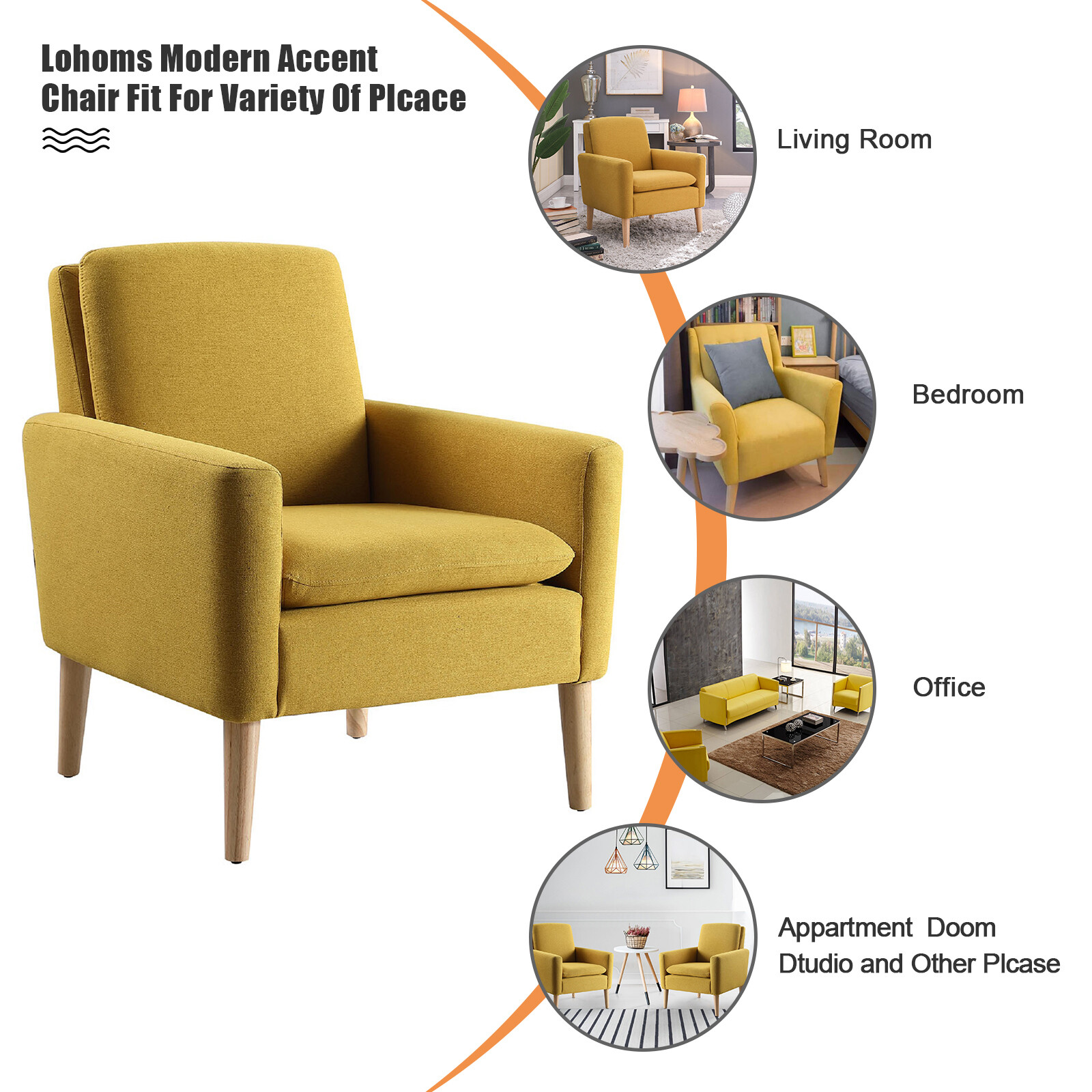 Yellow Single Sofa with Armrests Modern Upholstered Chair Fabric for Home Office