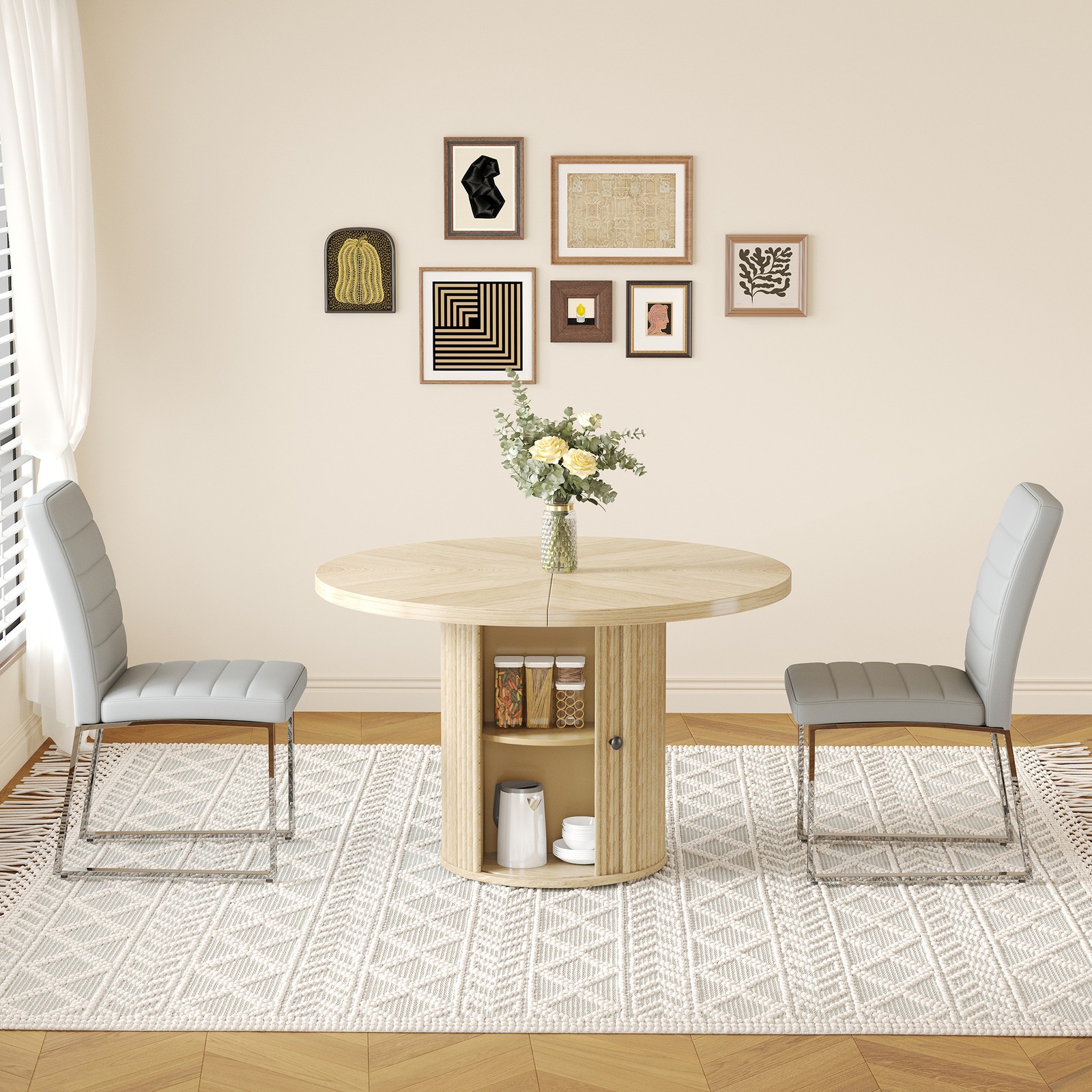 2-Piece PU Padded Dining Chair Set with 47.2" Round Roman Column Table