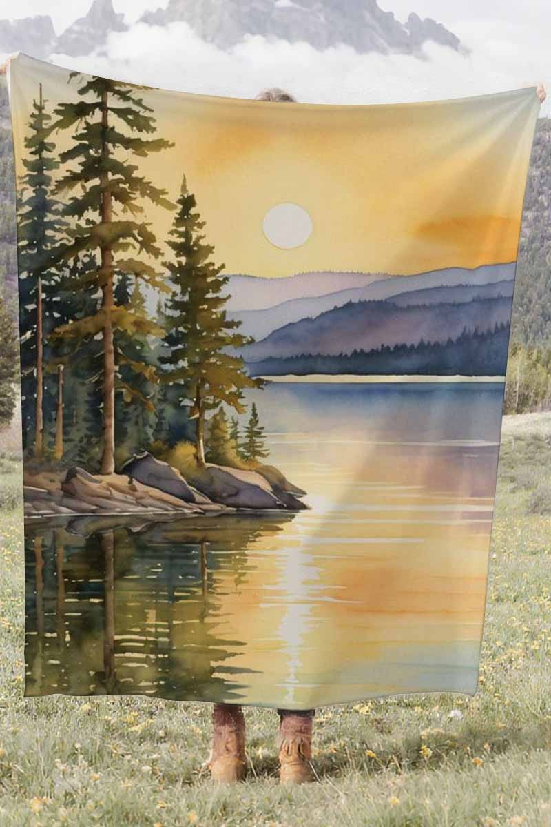 Watercolor Mountain Lake Sunset Coral Fleece Cozy Throw Blanket Rustic Elegant