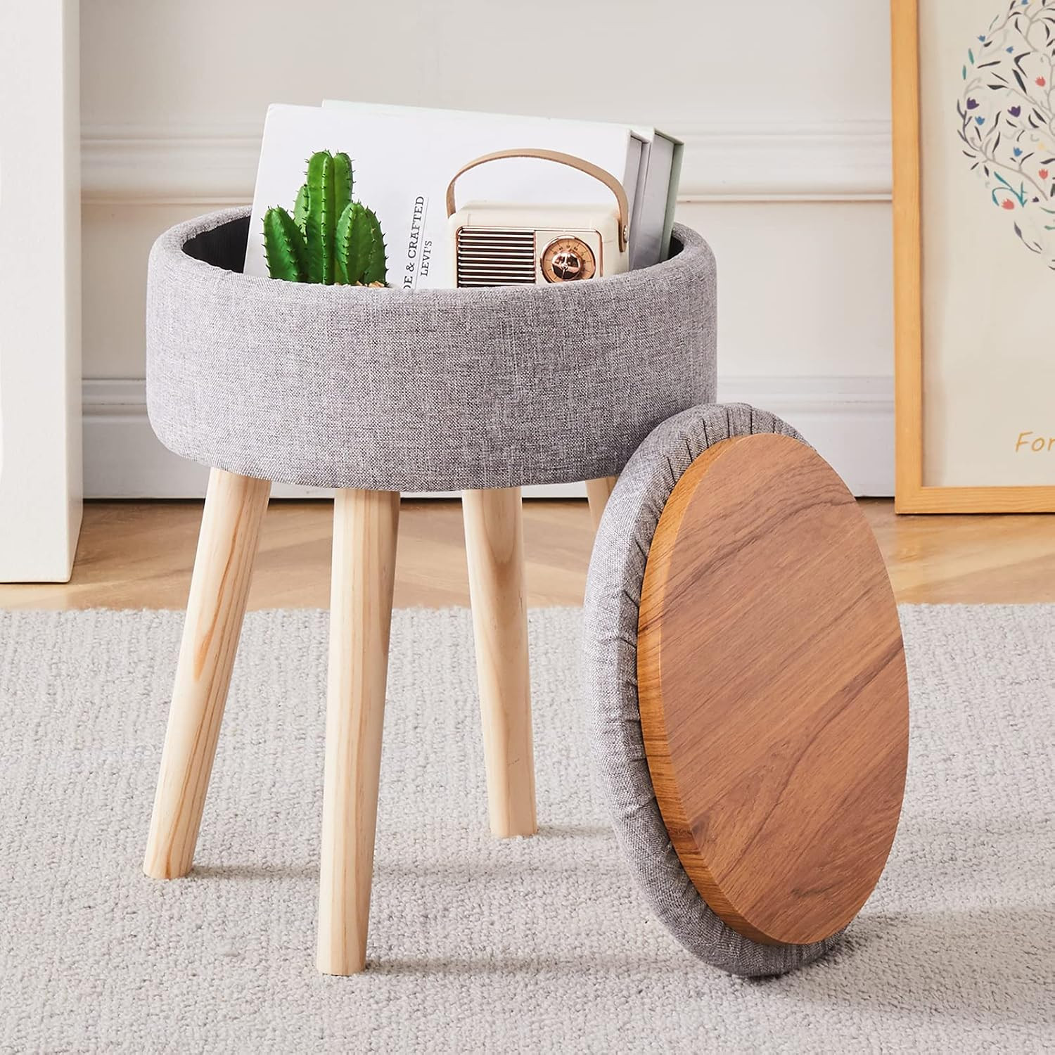 Storage Ottoman Linen Round Vanity Stool Tray Top Modern Foot Stool with Wood Le