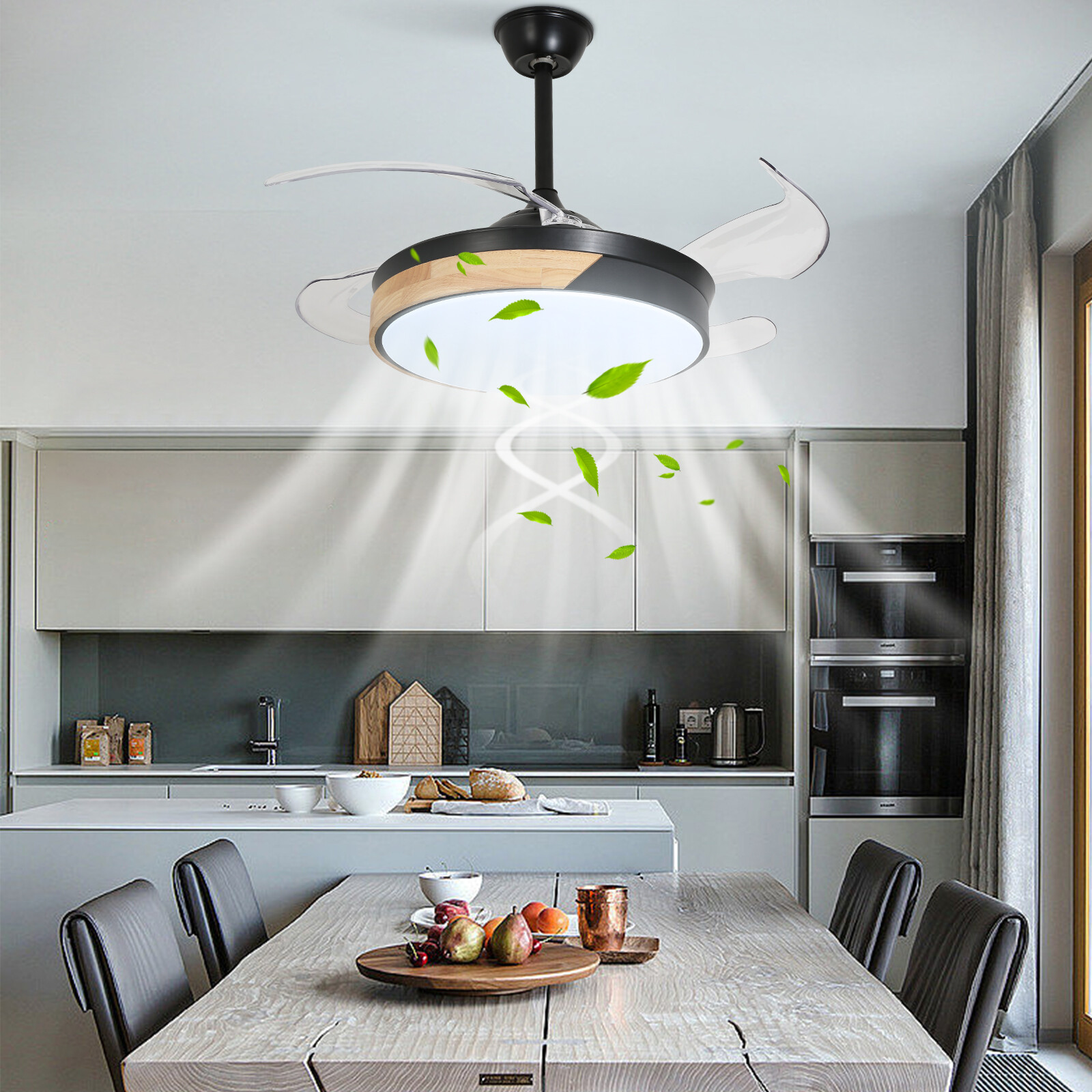 42 inch Black Indoor 4 Blades LED Ceiling Fan Chandelier With Remote Control