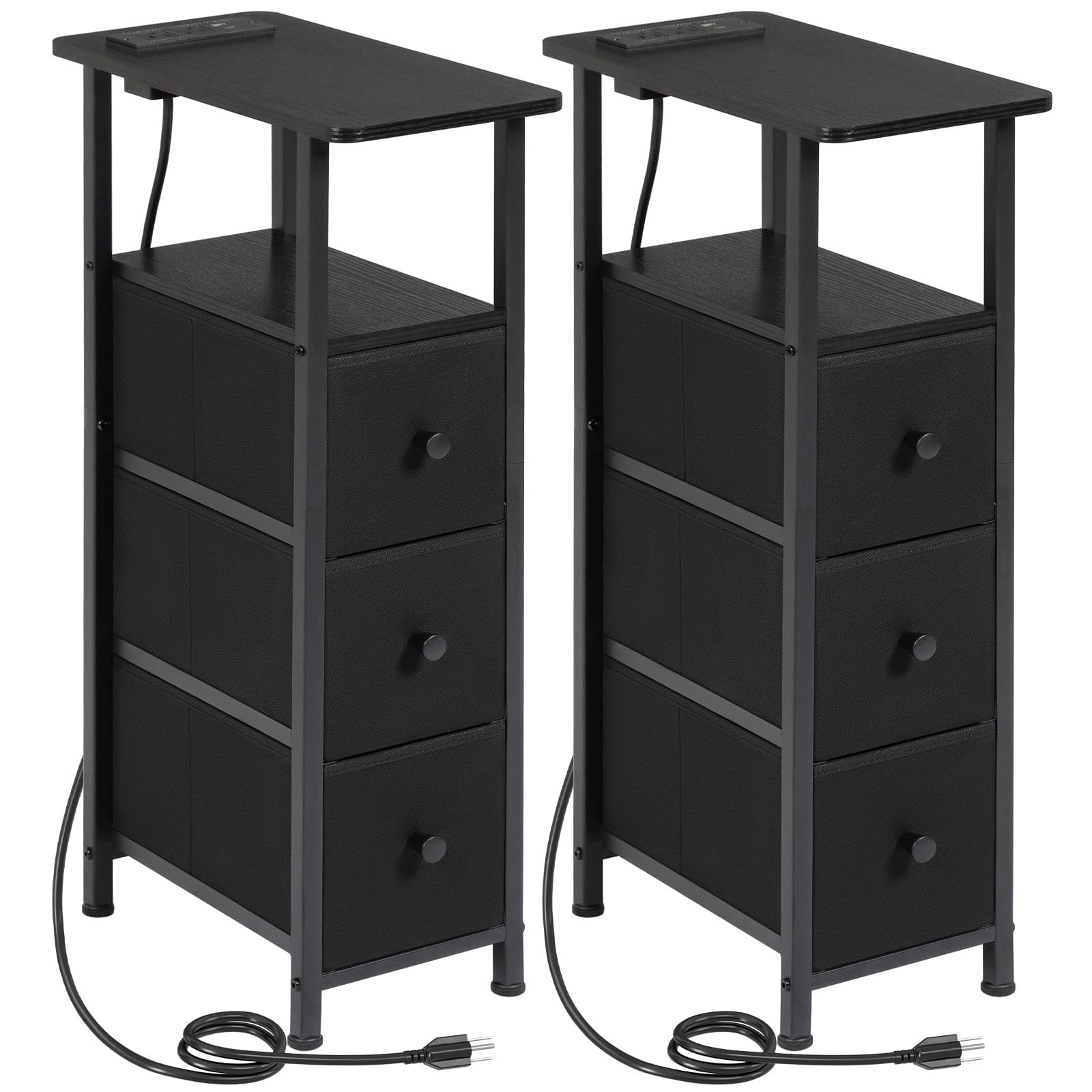 Narrow End Tables Living Room Set of 2 with Charging Station, Skinny Side Tab...
