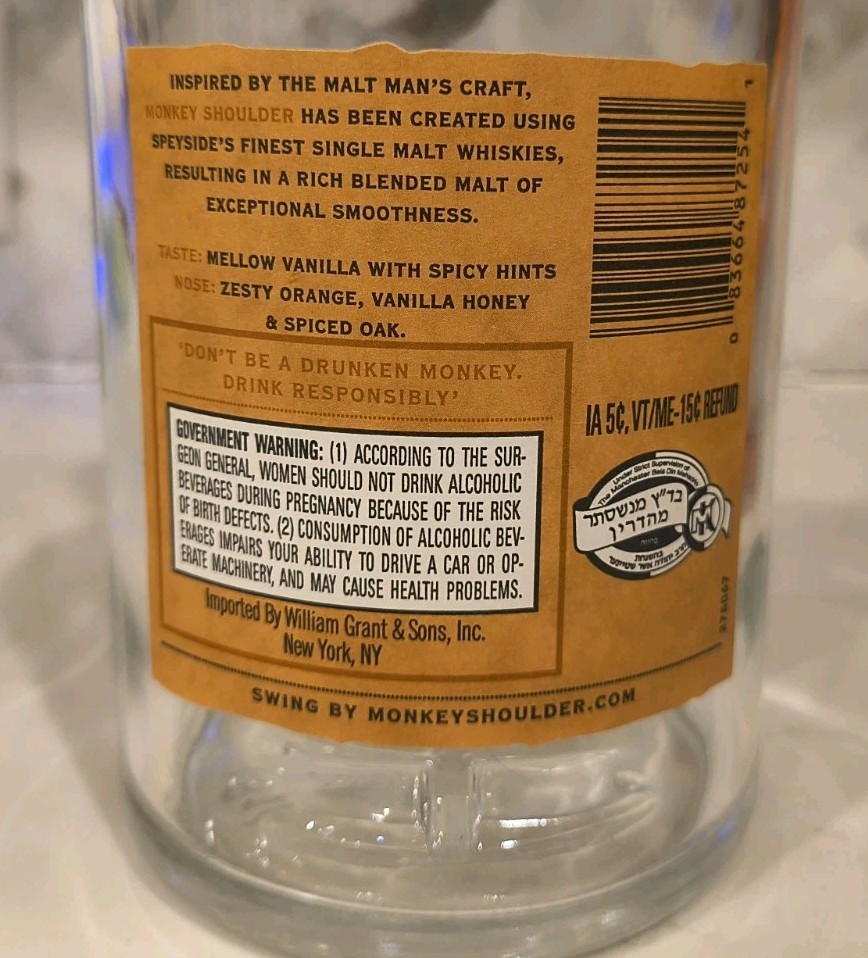 Monkey Shoulder Blended Malt Scotch Whiskey Bottle Empty 750 ML w/ Cork