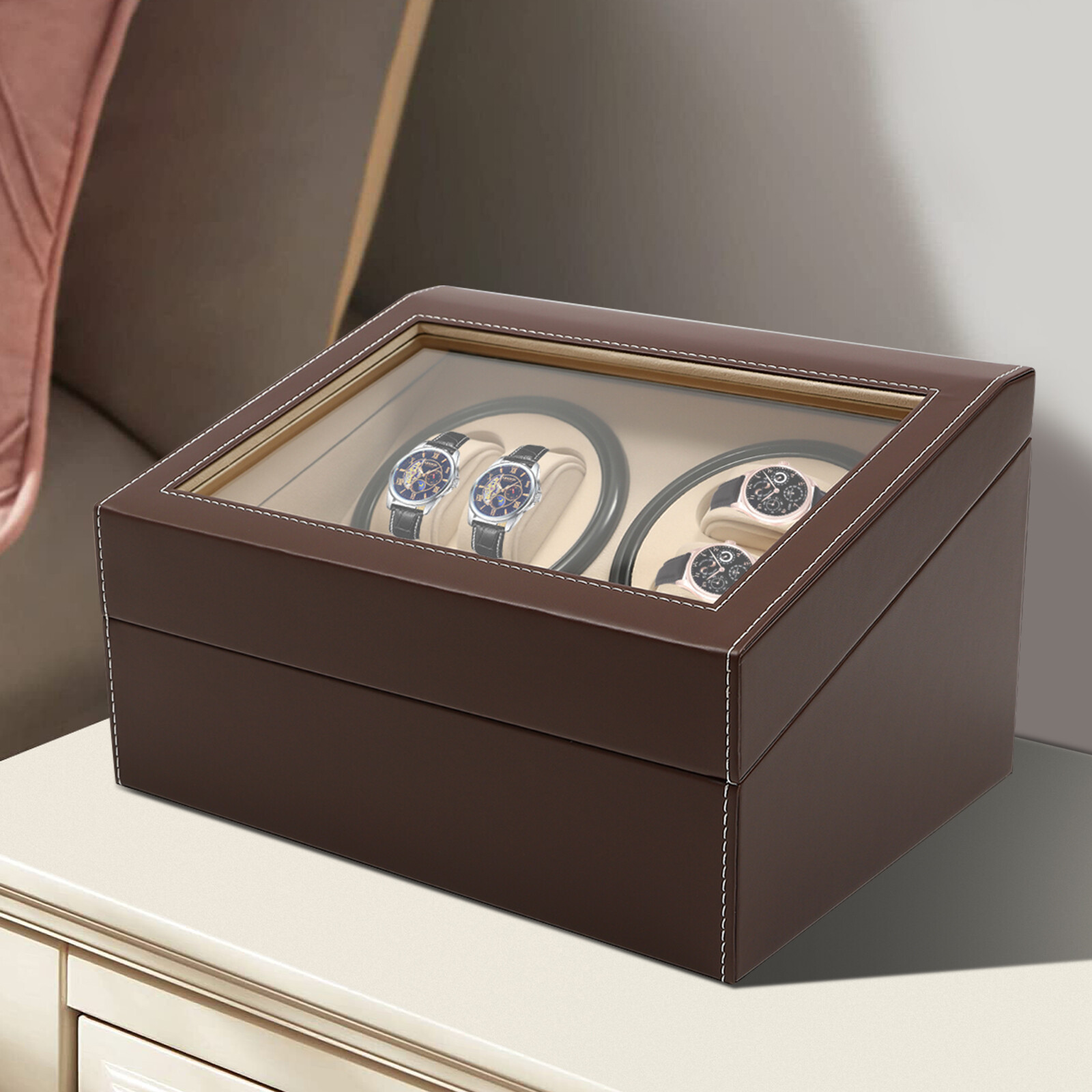 4+6 Automatic Rotation Leather Wood Watch Winder Storage Box Display Case