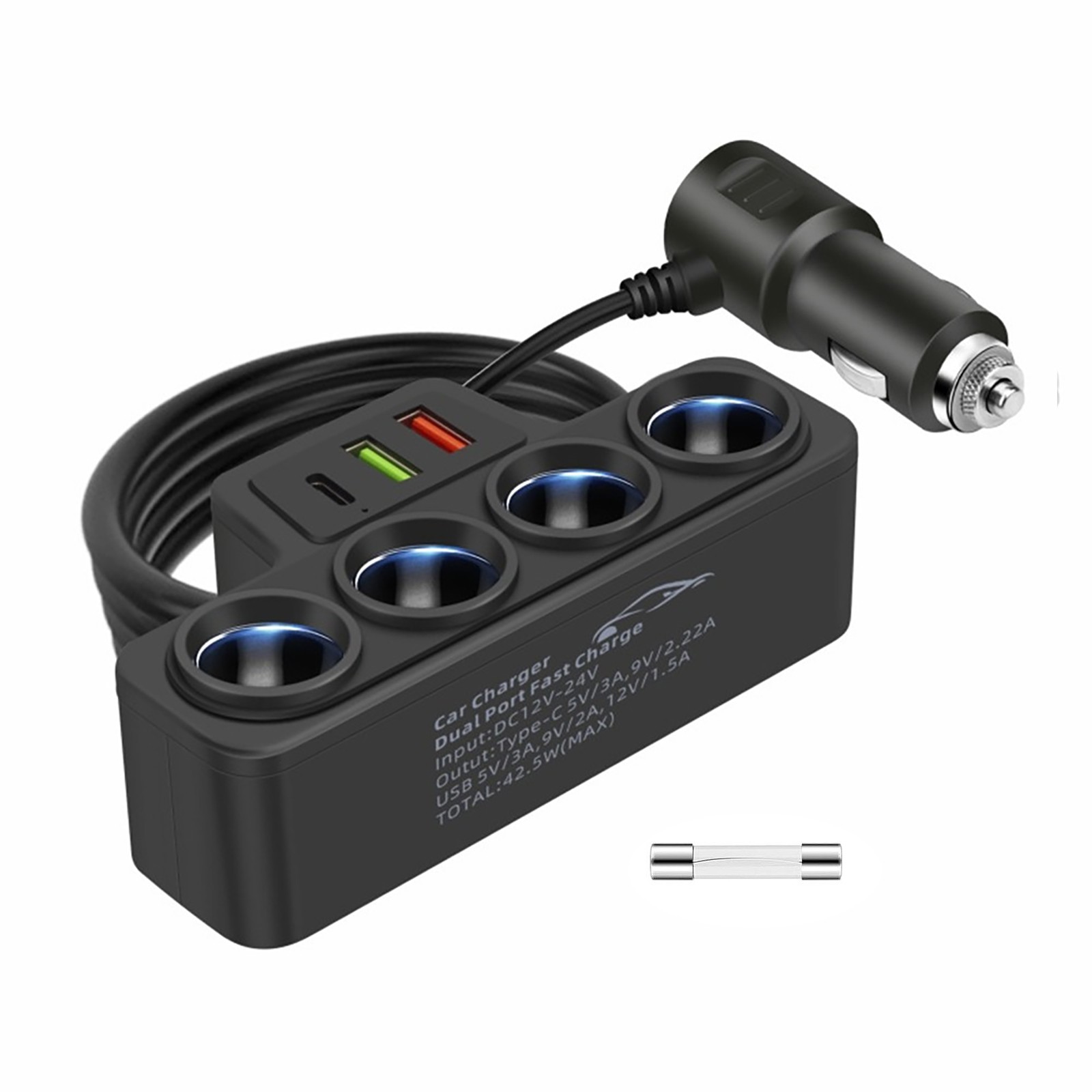4-Way Car Cigarette Lighter Socket Splitter USB Fast Charger Power Adapter 12V
