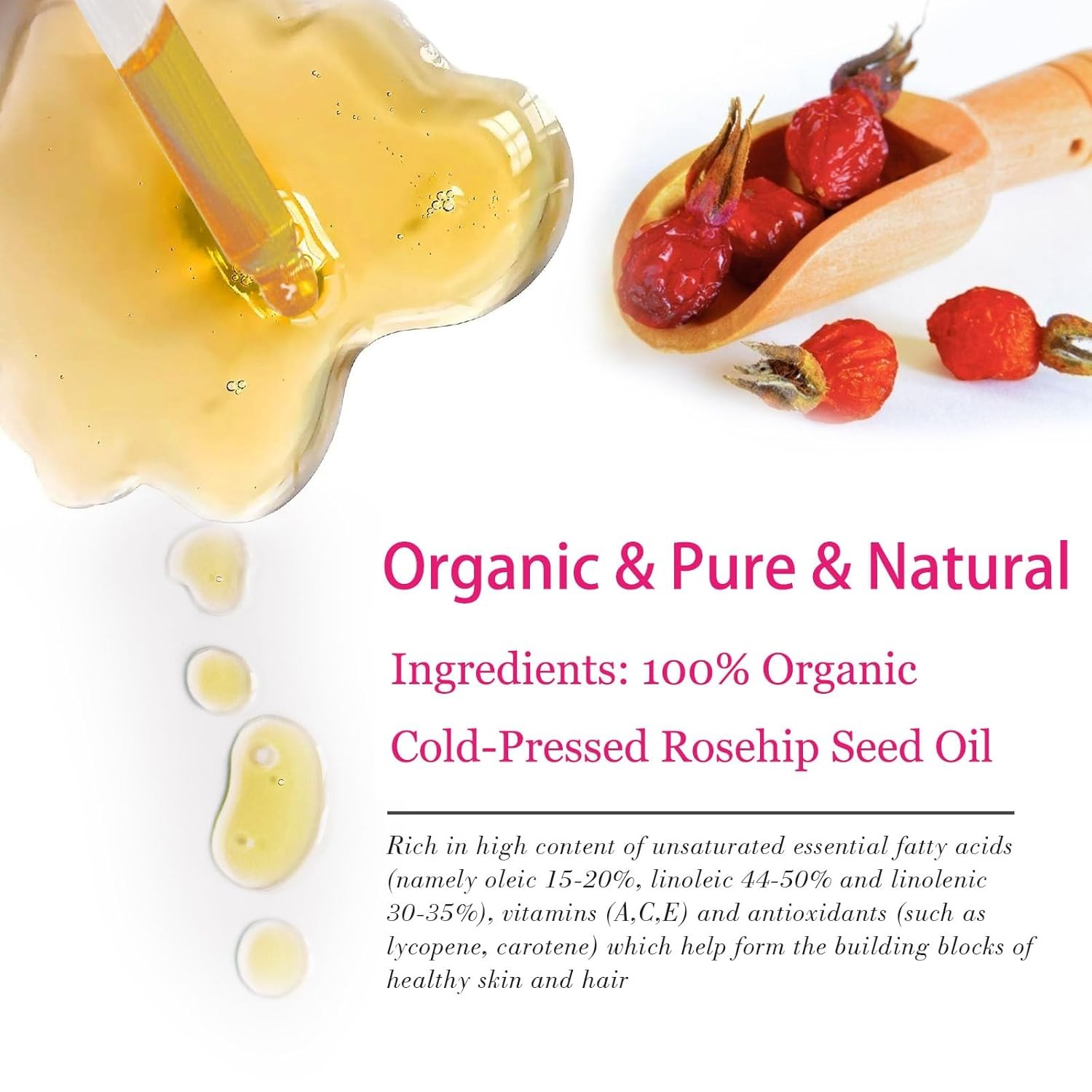 Organic Rosehip Seed Oil for Face, USDA Certified, Cold Pressed, Unrefined, 100%