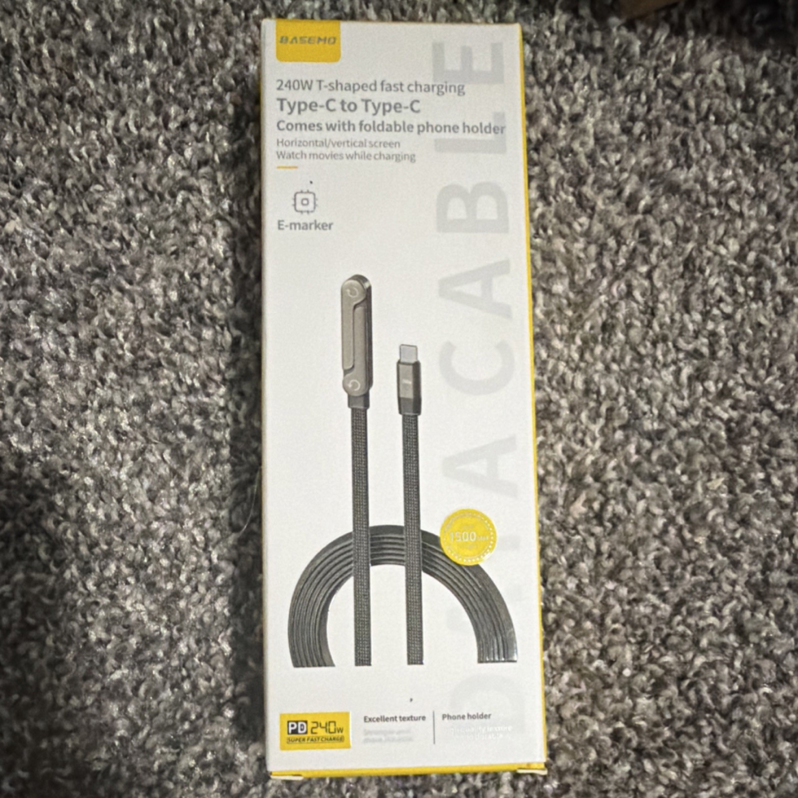 Basemo 240W Fast Charging USB-C Cable, Foldable Holder, E-marker, 1.5m