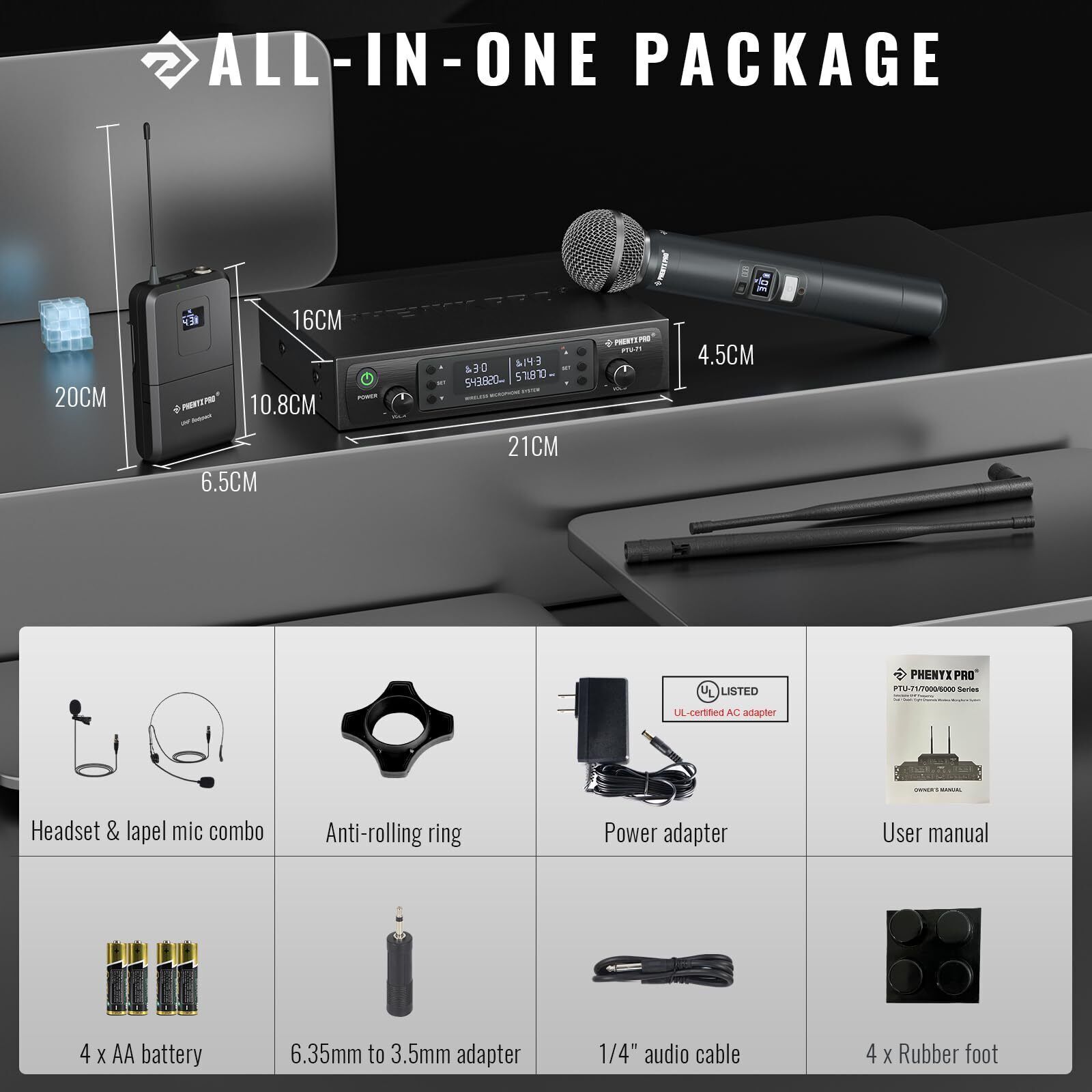 Wireless Microphone System, Dual Mic Set with Handheld/Bodypack/Lapel Mics