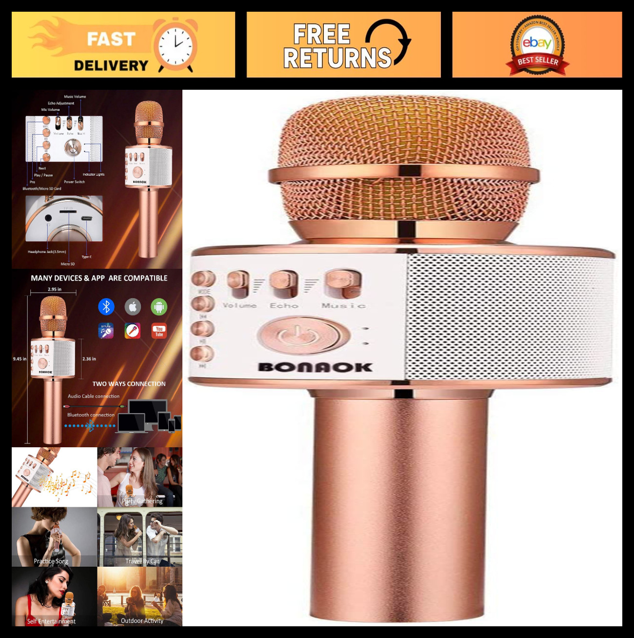 Wireless Bluetooth Karaoke Microphone - 3-in-1 Portable Handheld Mic & Speaker f