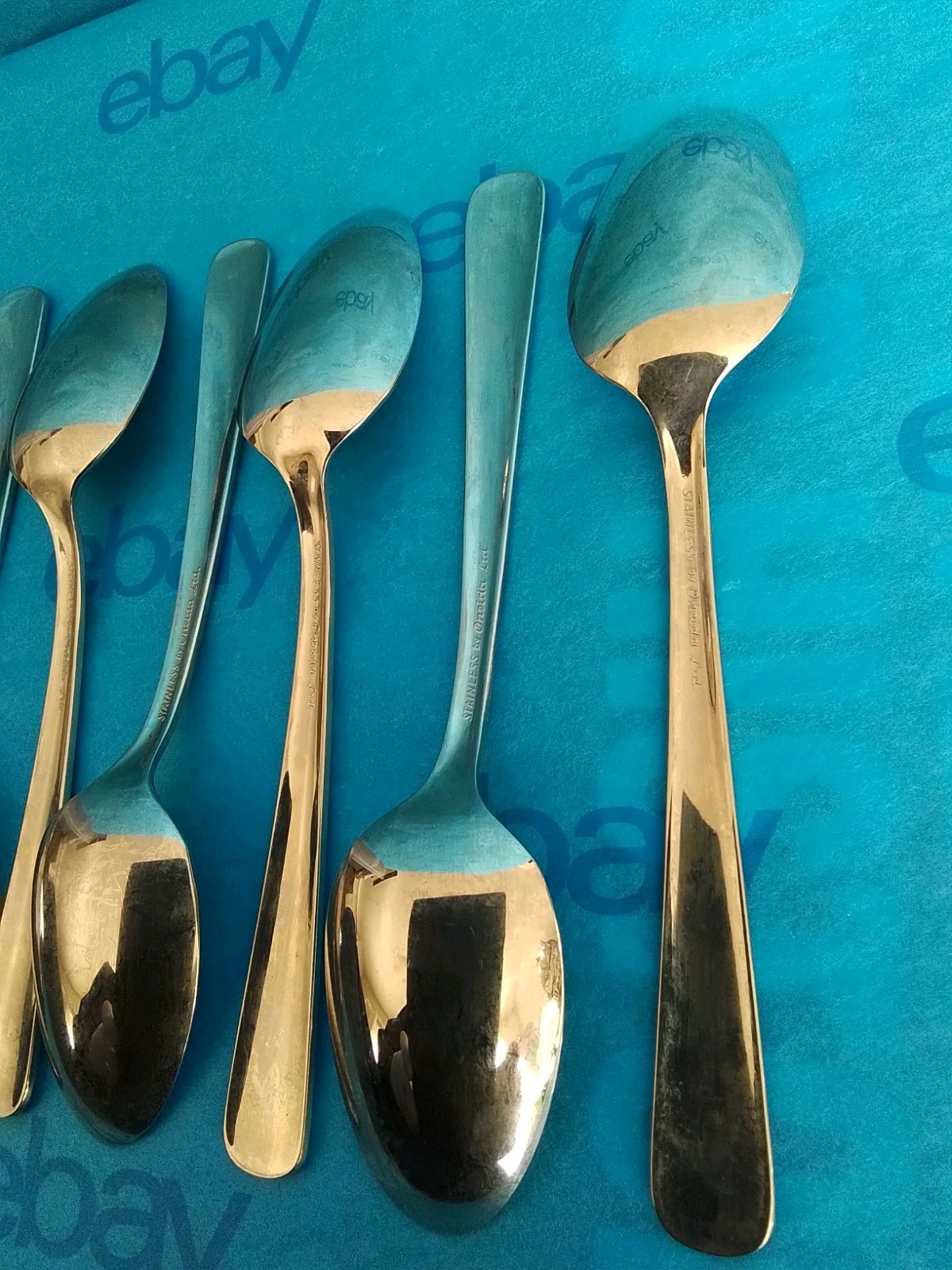 8 Oneida Oceanic Stainless Flatware Teaspoons, Glossy, Vintage, VGUC
