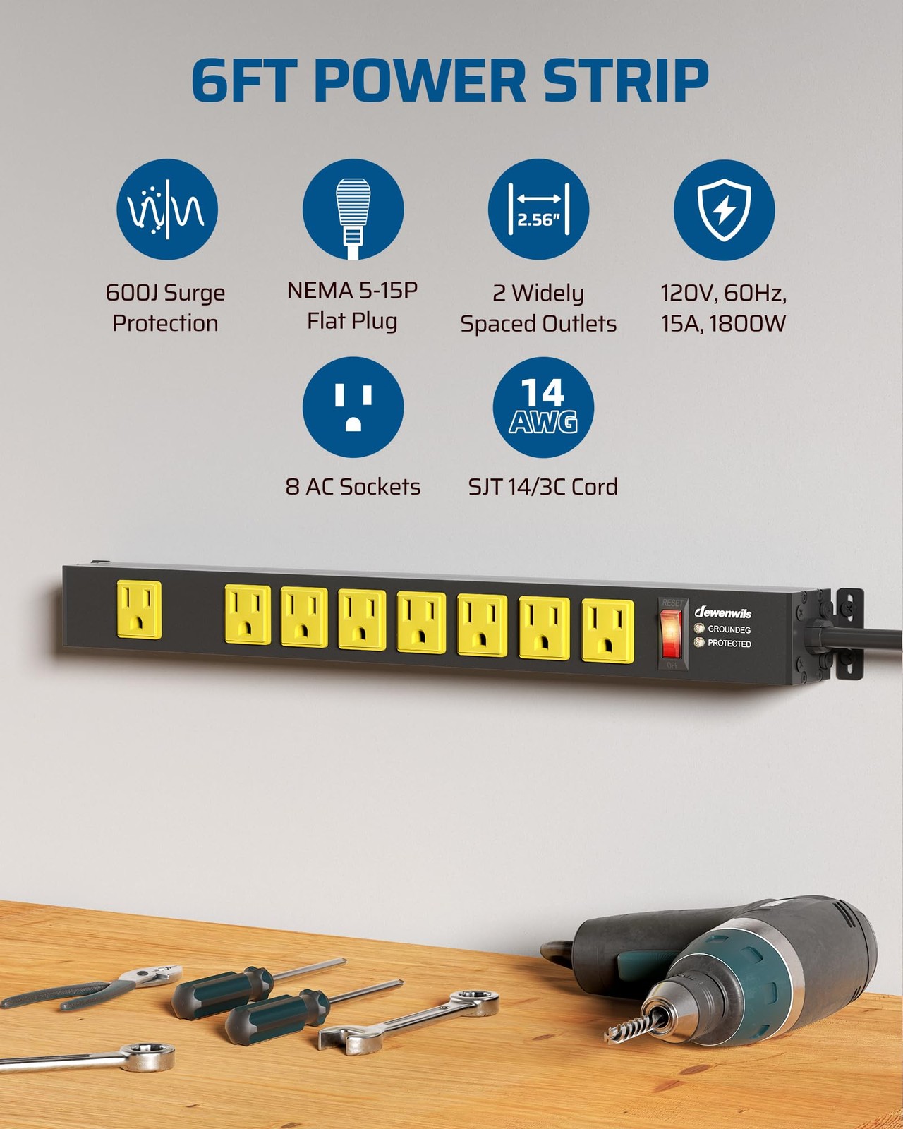 DEWENWILS Industrial Power Strip 8 Wide-Spaced Outlet, Metal Workshop Power Stri