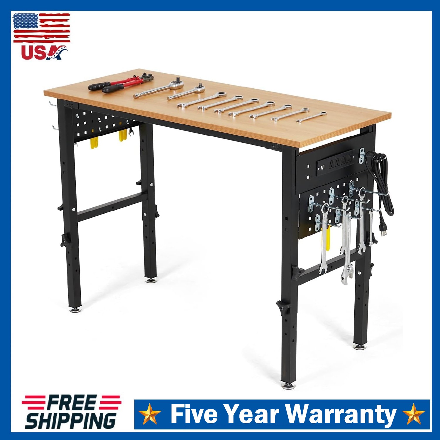 Adjustable Height Workbench ,48" Heavy-Duty Worktable 2200 LBS with Power Outlet