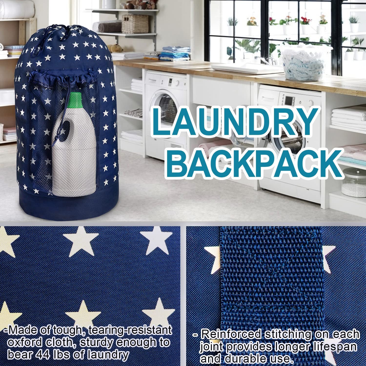 Dalykate Backpack Laundry Bag w/Shoulder Straps & Mesh Pocket - Durable Nylon