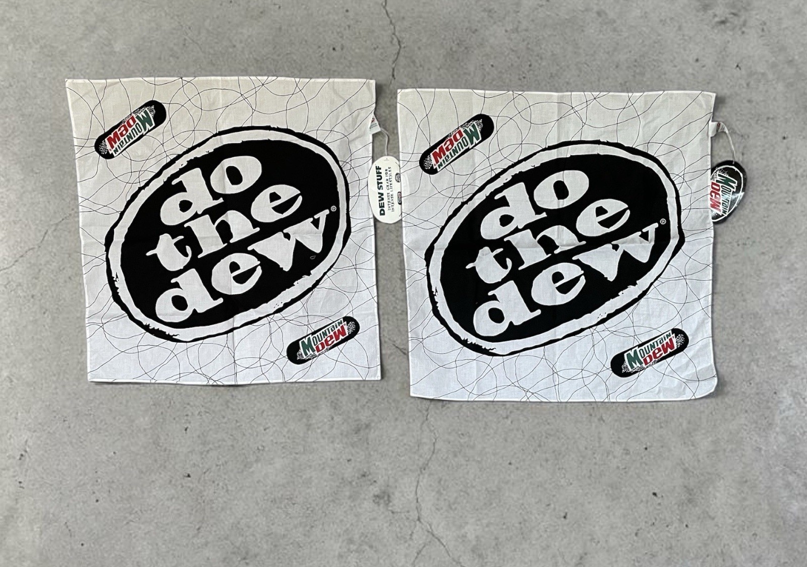 VTG Lot Of 2  90's Mountain "Dew Do The Dew" Bandana Scarf Kerchief White Black