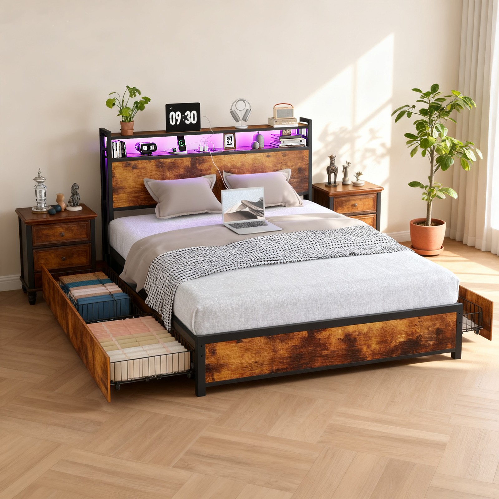 Metal Bed with Under-Bed Storage and RGB LED Lights, Built-in Charging Station