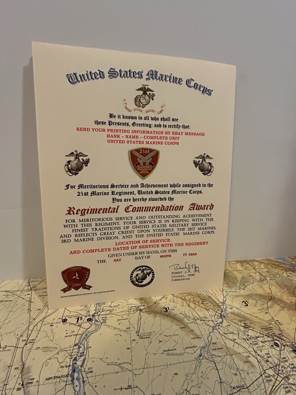 U.S.M.C. / 21ST MARINE REGIMENT - REGIMENTAL COMMENDATION AWARD CERTIFICATE