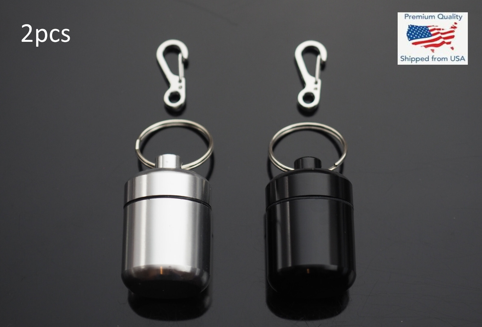 2 PCS Waterproof 1" Wide Pill Capsule Bottle Keychain & Clip - Silver & Black