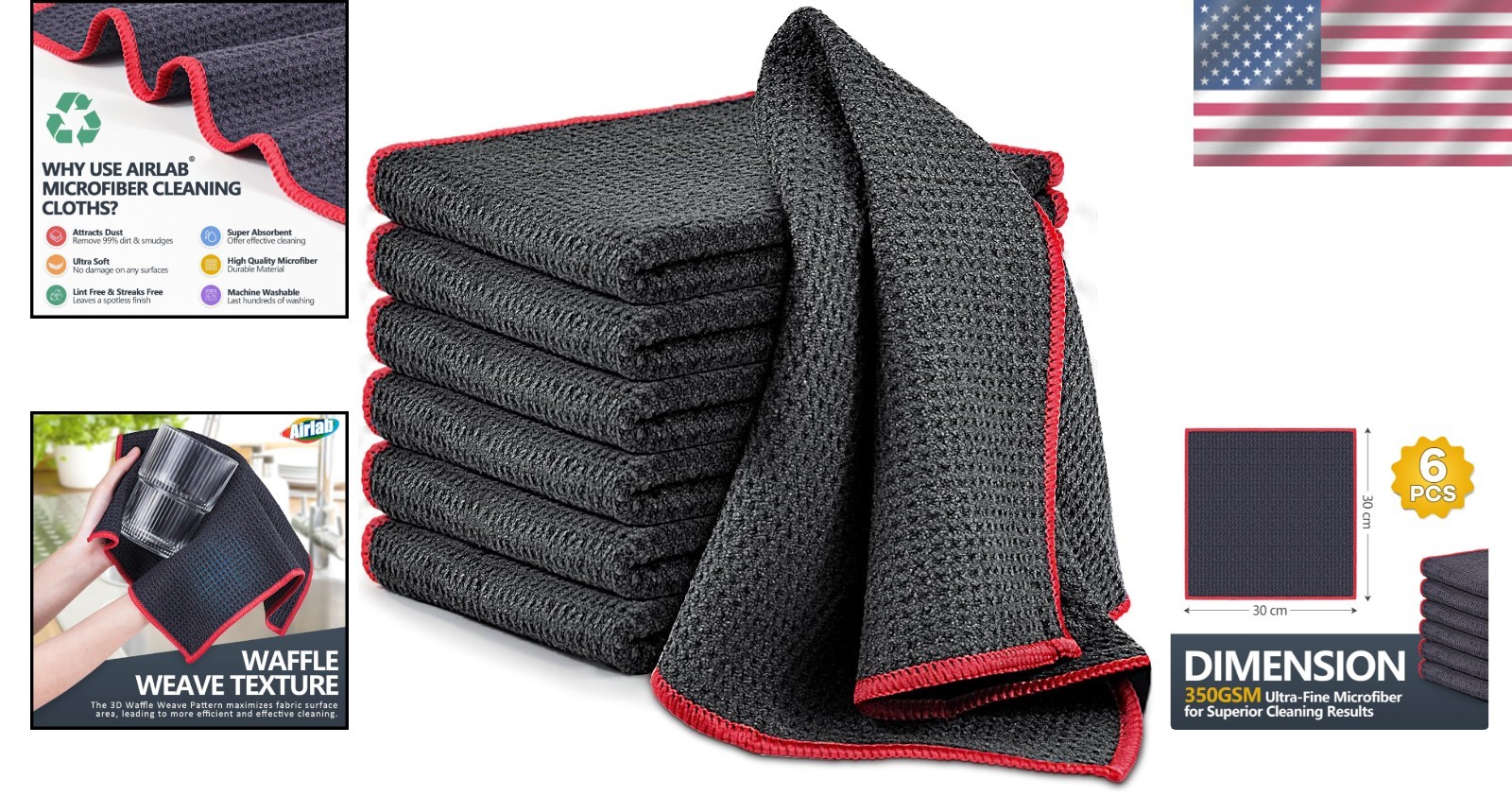 Absorbent Microfiber Cleaning Cloths - Quick Drying, 12x12, 6 Pack