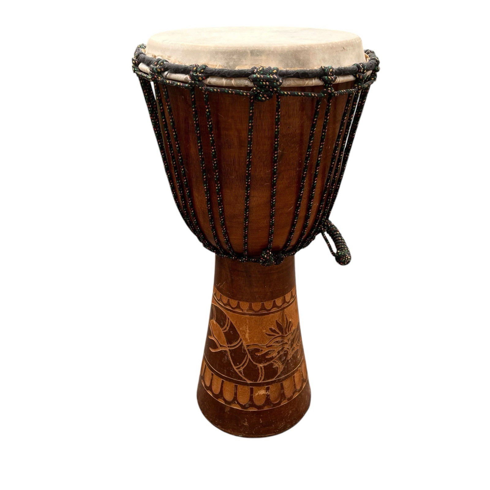 Vtg Tribal Hand Carved Wood D'Jembe Africa Drum 18” T 10” Head Rope Tuned & Case