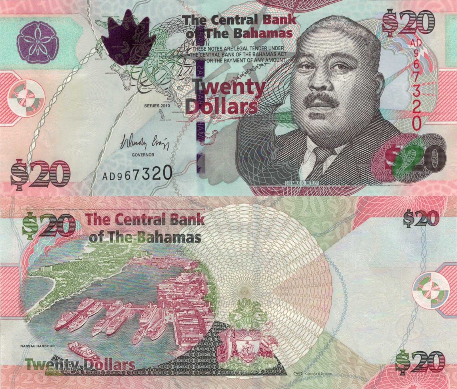 Bahamas 20 Dollars (2009) - Sir Milo Butler/Nassau Harbor/p74Aa, B341a UNC