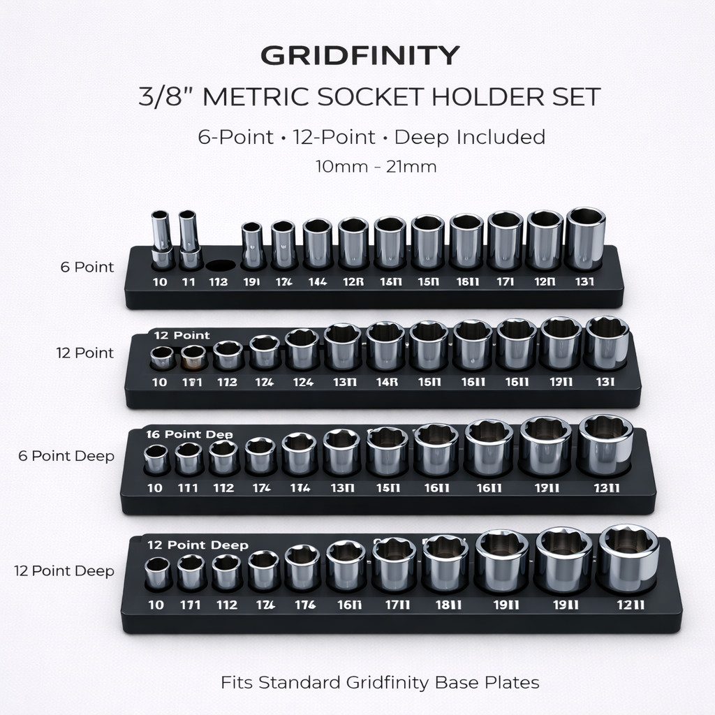 Gridfinity 3/8" Metric Socket Holder Set 10–21mm 6 & 12 Point 1x5 Rail