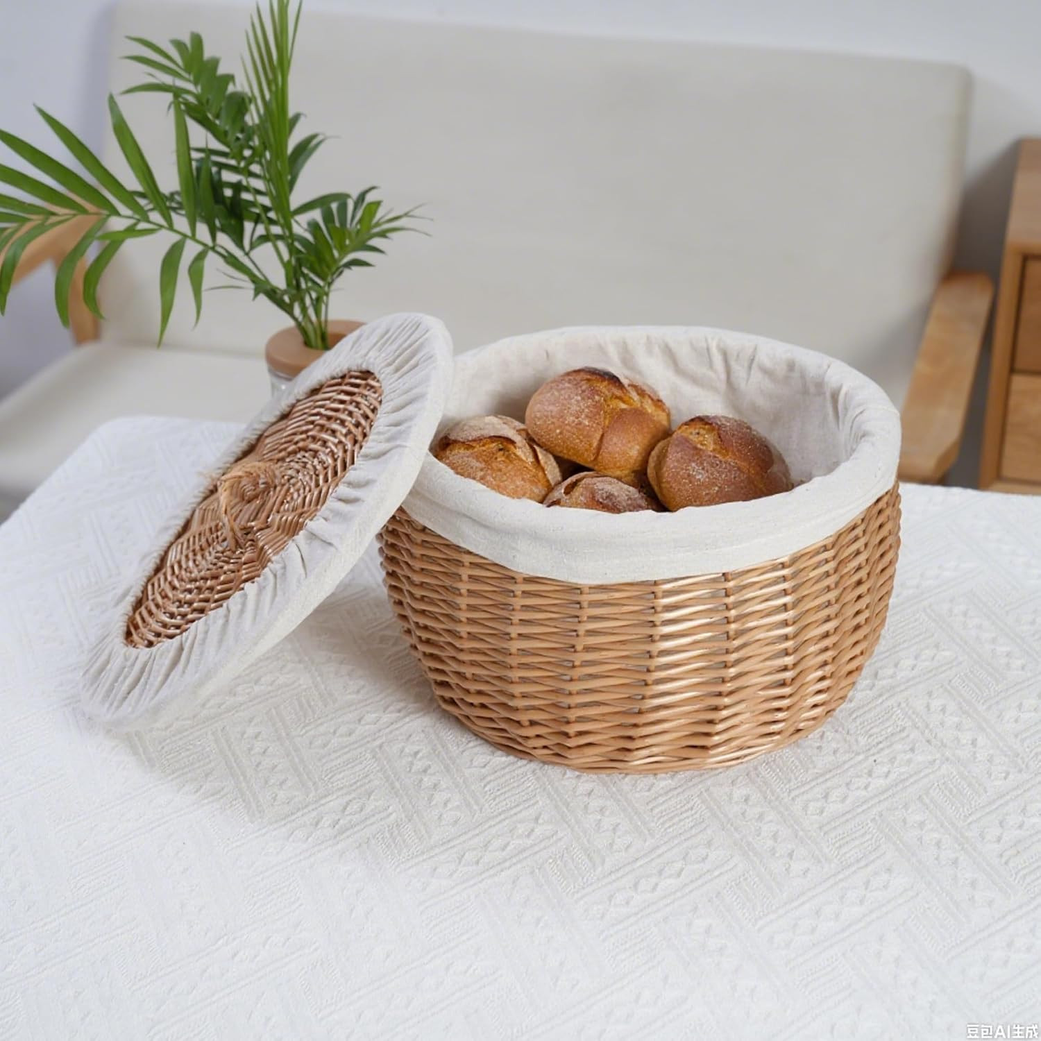 Wicker Bread Basket Serving with Lid & Removable Lining, Sourdough Proofing Bask