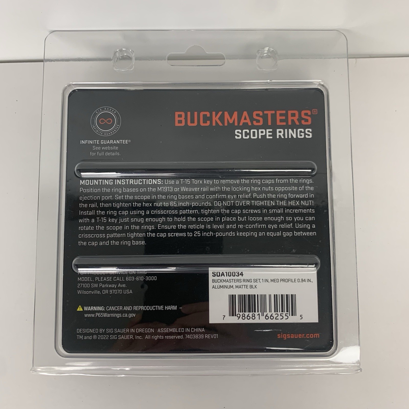 Sig Sauer Scope Ring Set 1 Inch 0.94” Medium Buckmasters Matte Black - SOA10034