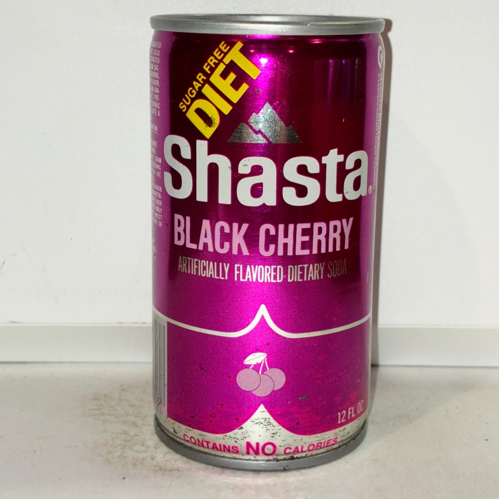Shasta Diet Black Cherry Soda can, crimped steel, bottom opened