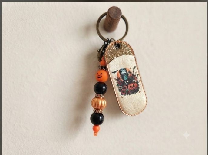 Halloween Themed lip-gloss Keychain w/ monster and Pumpkin Beads classic horror