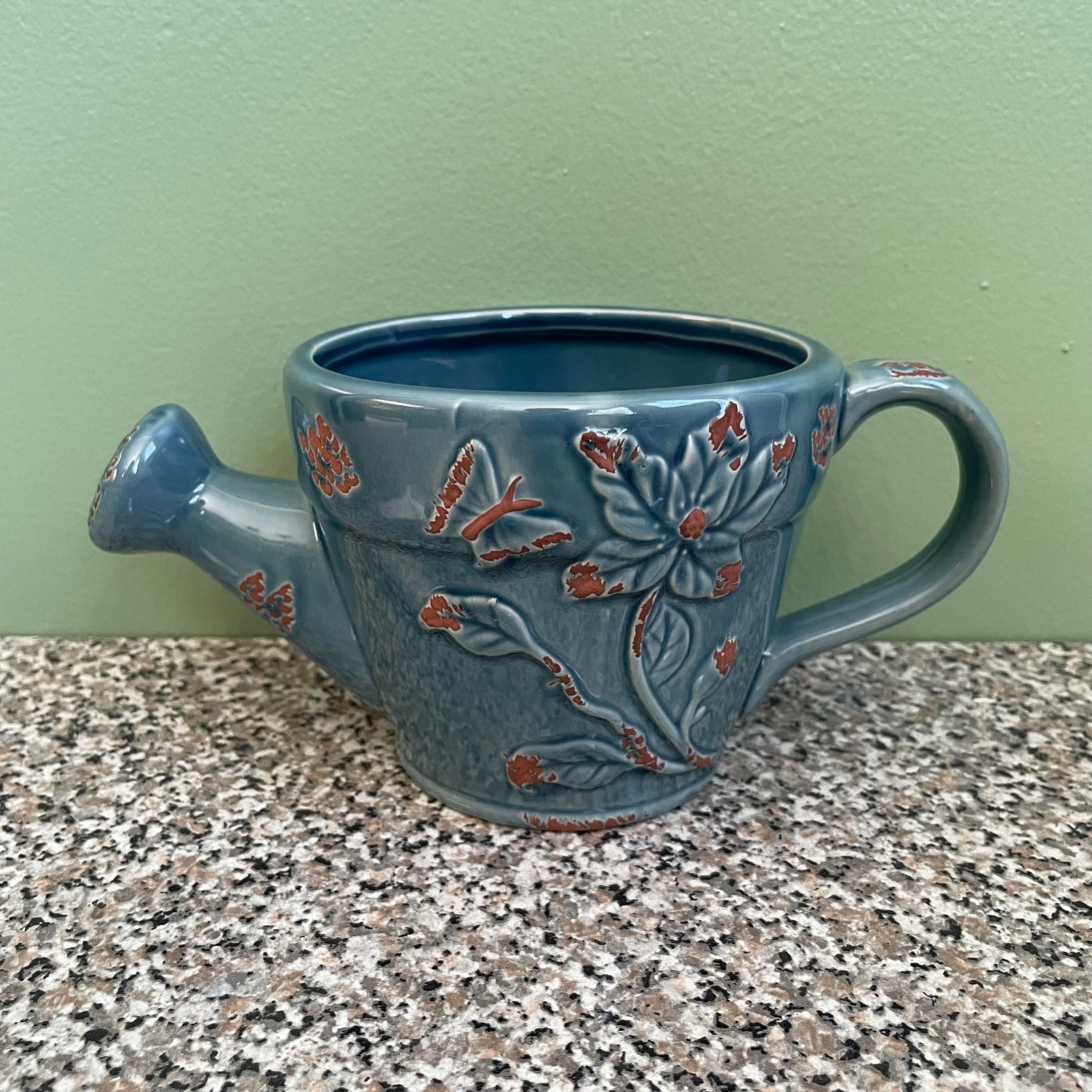 Blue Ceramic Floral Watering Pot Planter