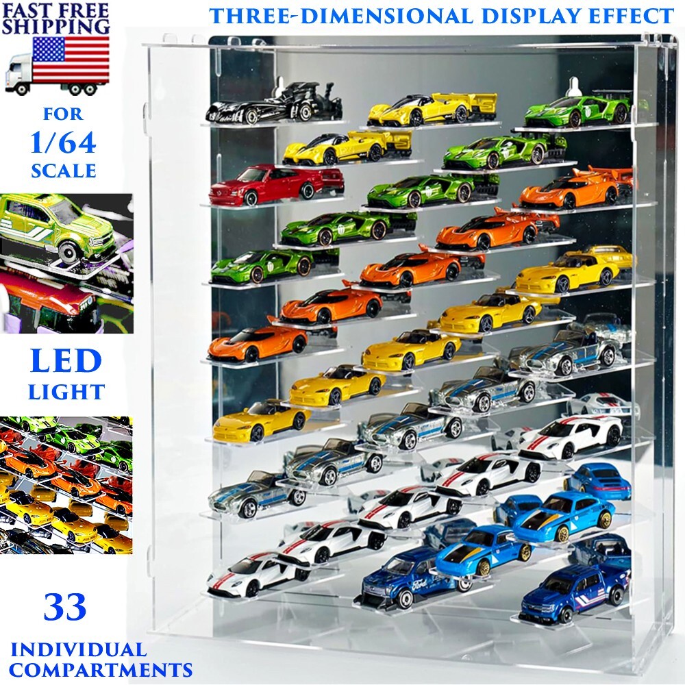 LED LIGHTED CAR DISPLAY ACRYLIC CASE 1/64 DIECAST COLLECTOR 3D EFFECT CABINET 33