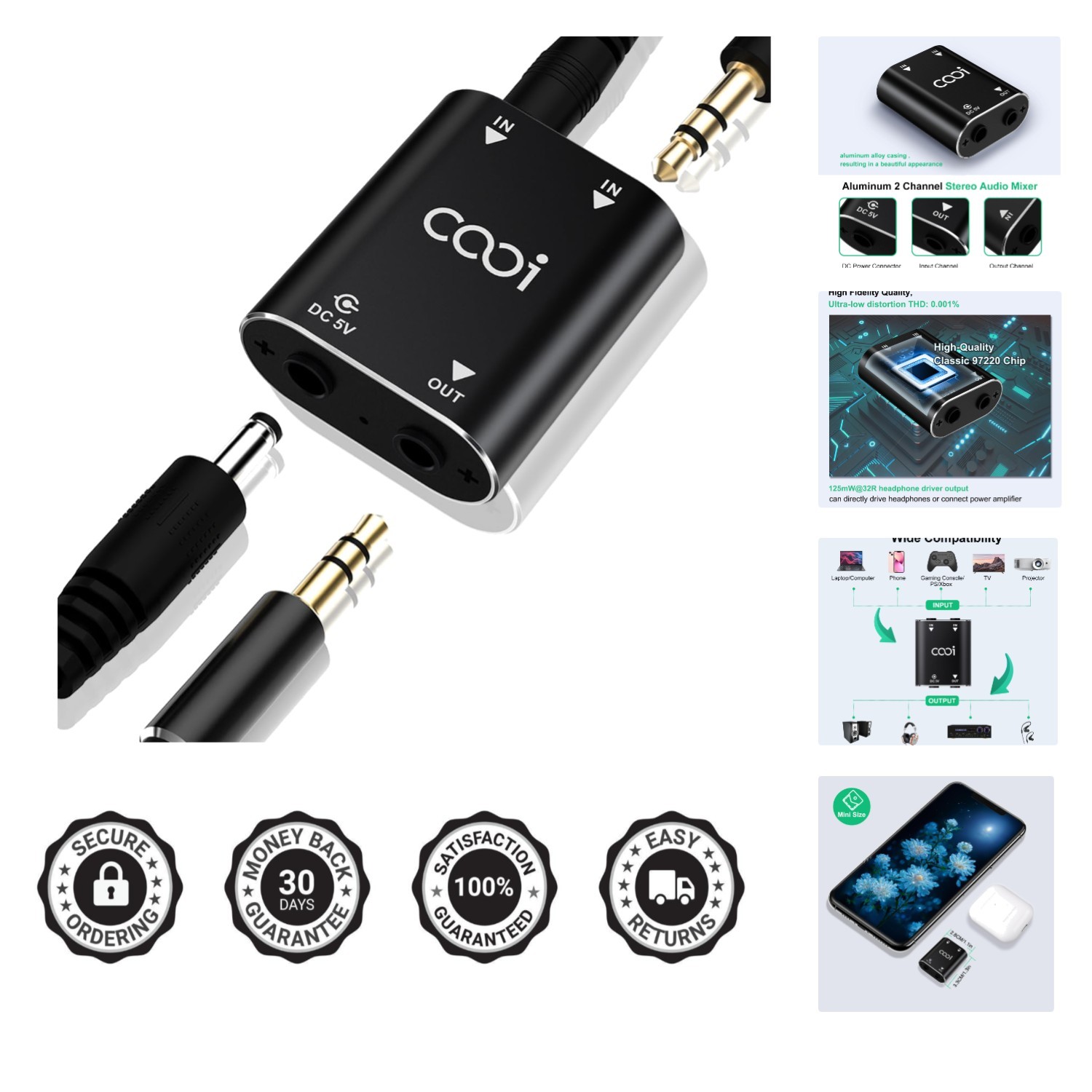Portable 2 In 1 Stereo Audio Mixer - USB Powered with  Noise Suppression