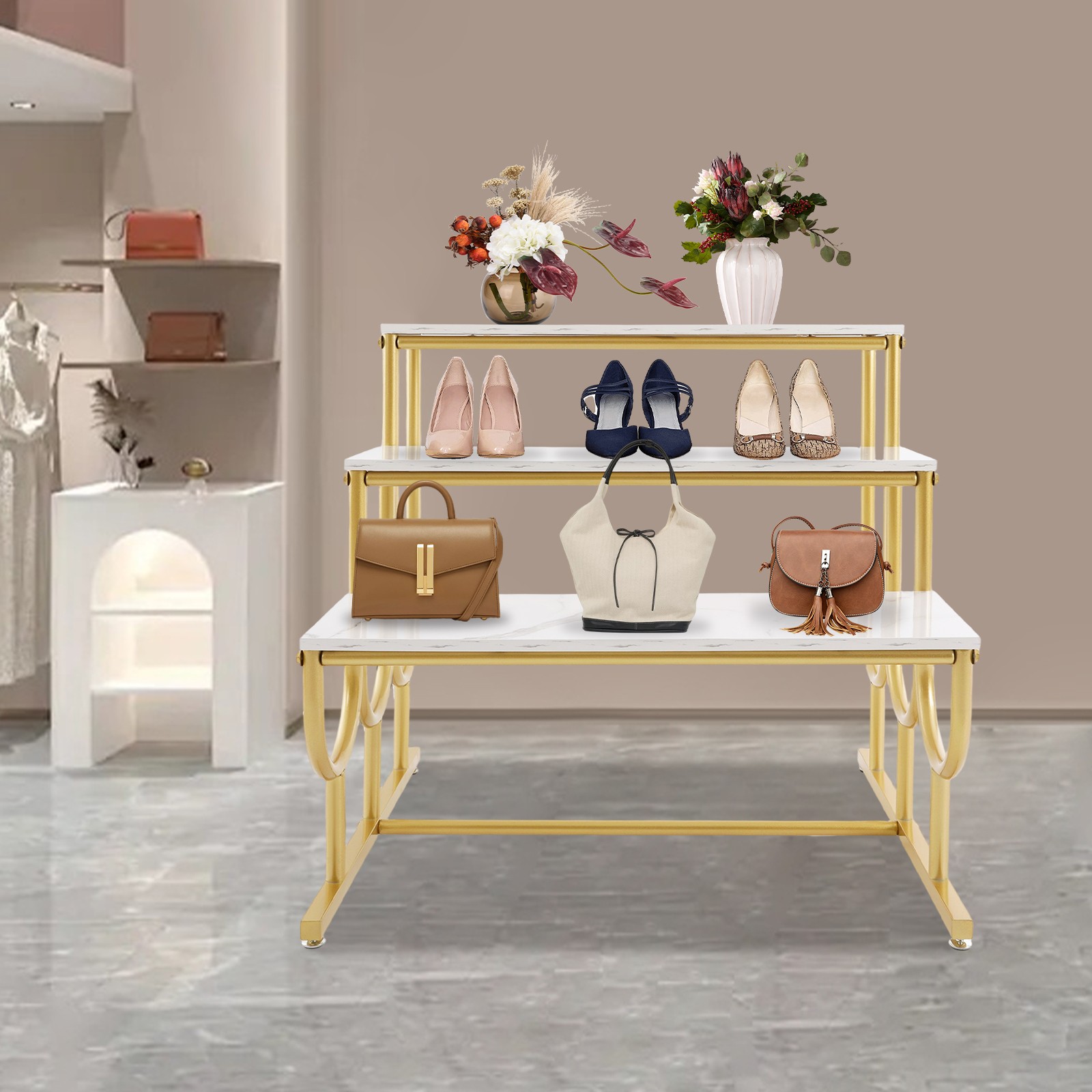 Shoe Display Table, 3 Tier Heavy Duty Display Stands, Standing Display Shelf