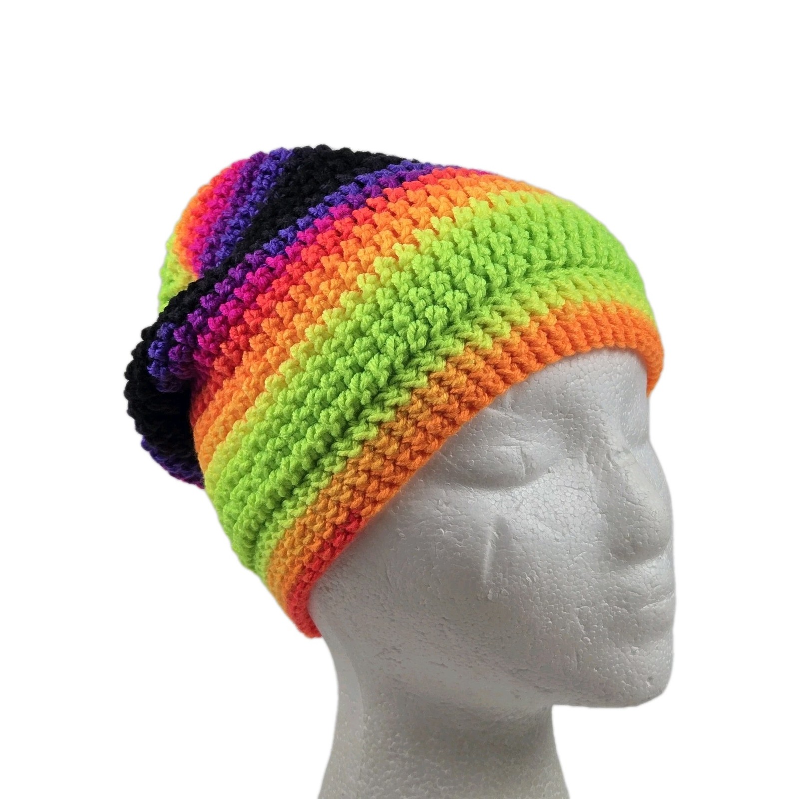 NEW Crochet Bright Neon Striped Toboggan Ski Hat Beanie Boho Unisex Adult OSFM