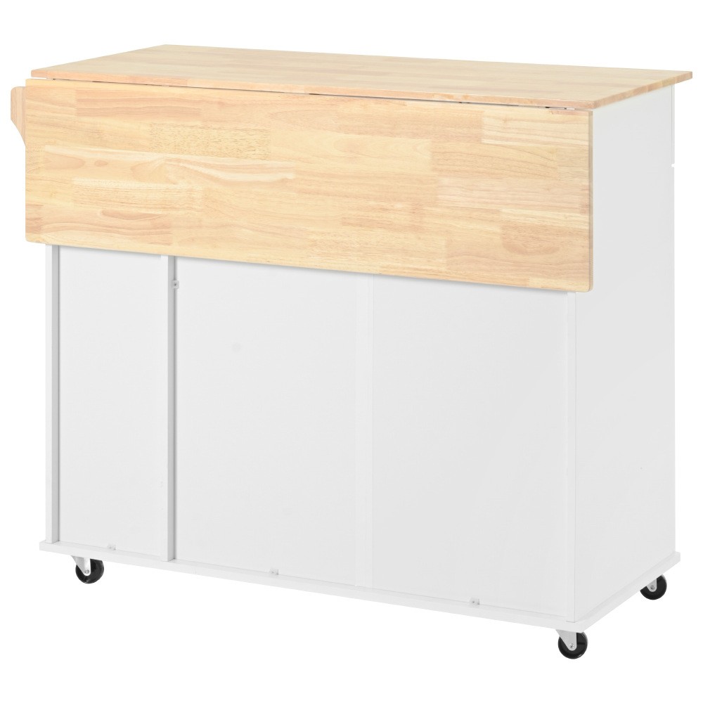 Kitchen Island with Drop Leaf with 3 Tier Pull Out Cabinet Organizer, White