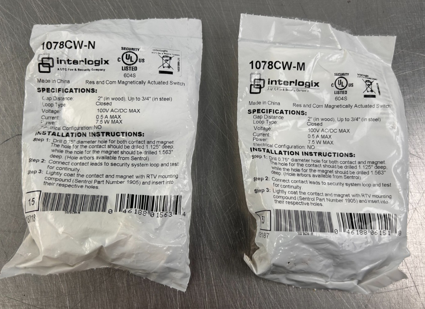 Interlogix 1078CW-M Recessed Steel Door Magnetic Contact 3/4" Switch Lot of 2