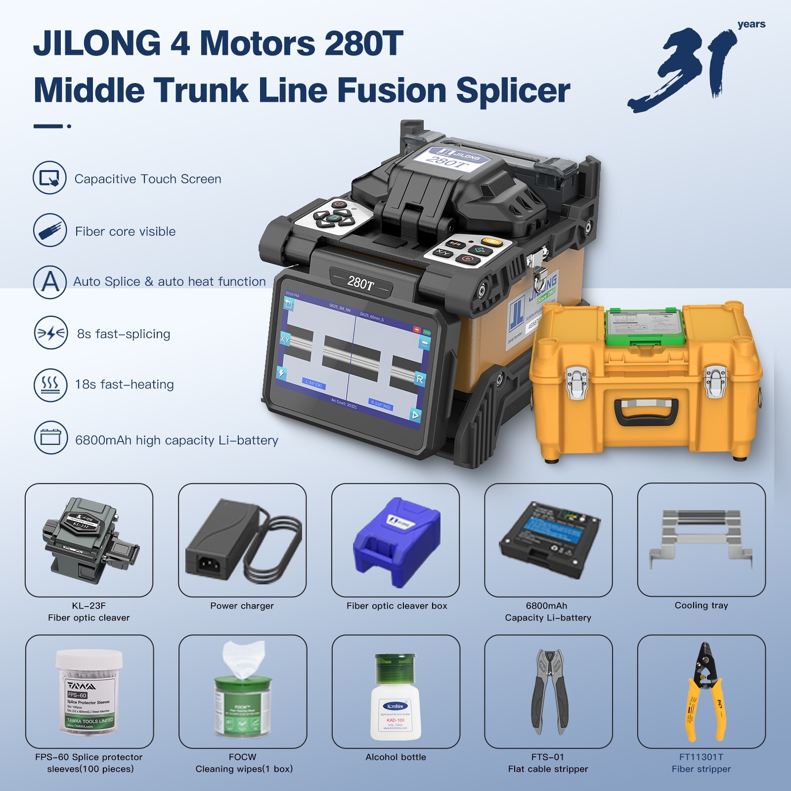 New 4 Motors Middle Trunk Line JILONG 280T Fusion Splicer 4.3 inch Touch Screen