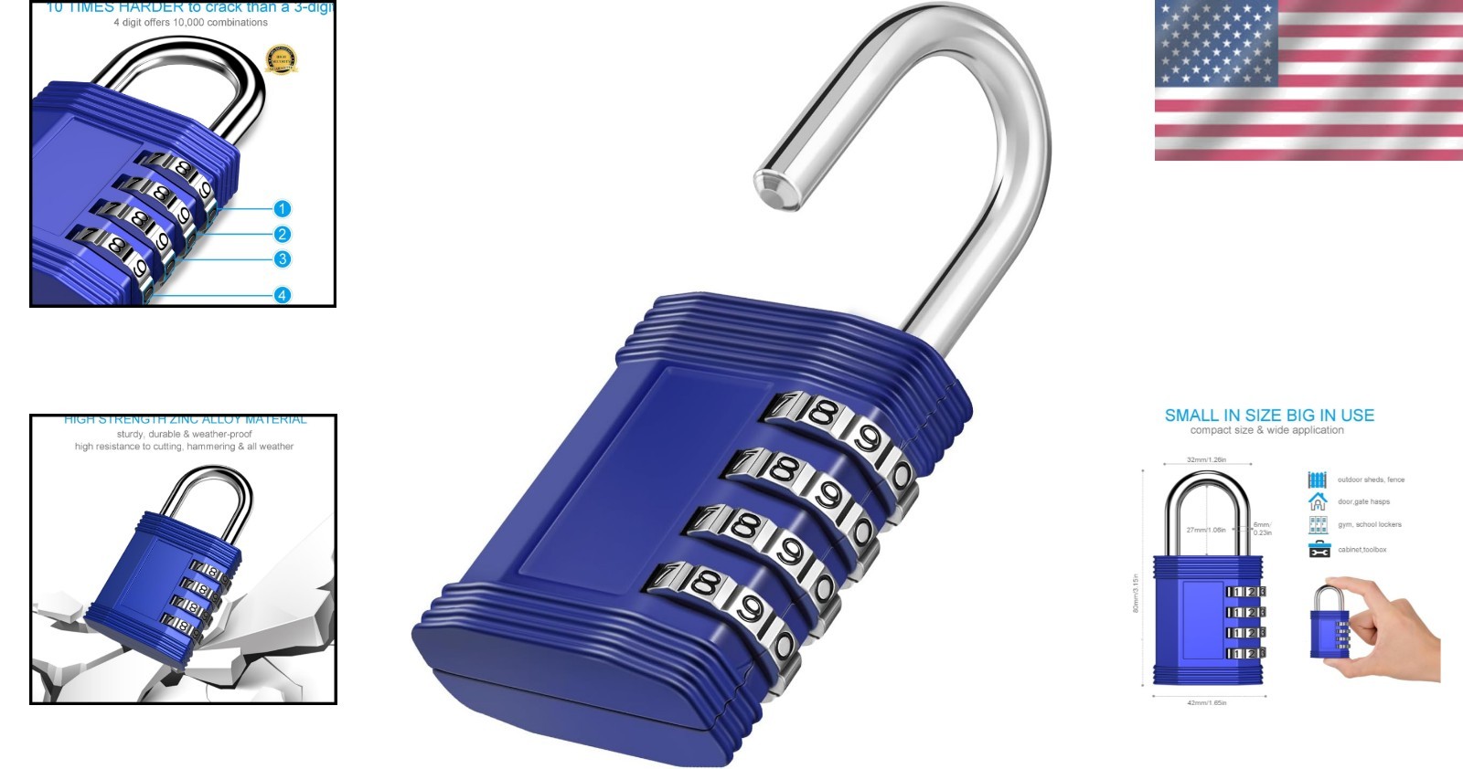 Heavy Duty Waterproof Combination Lock Padlock with 10,000 Combinations - Blue