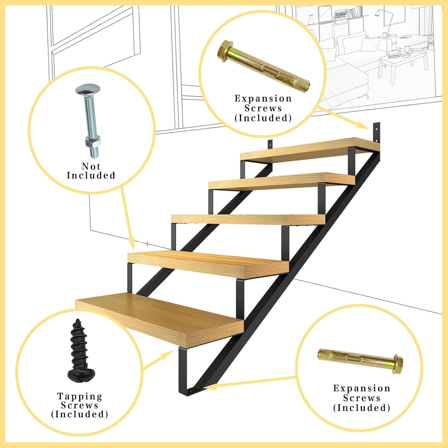 2 Packs Metal Stair Step Stringers, 5 Step Steel Riser Stringer for 42.4Inch Hei