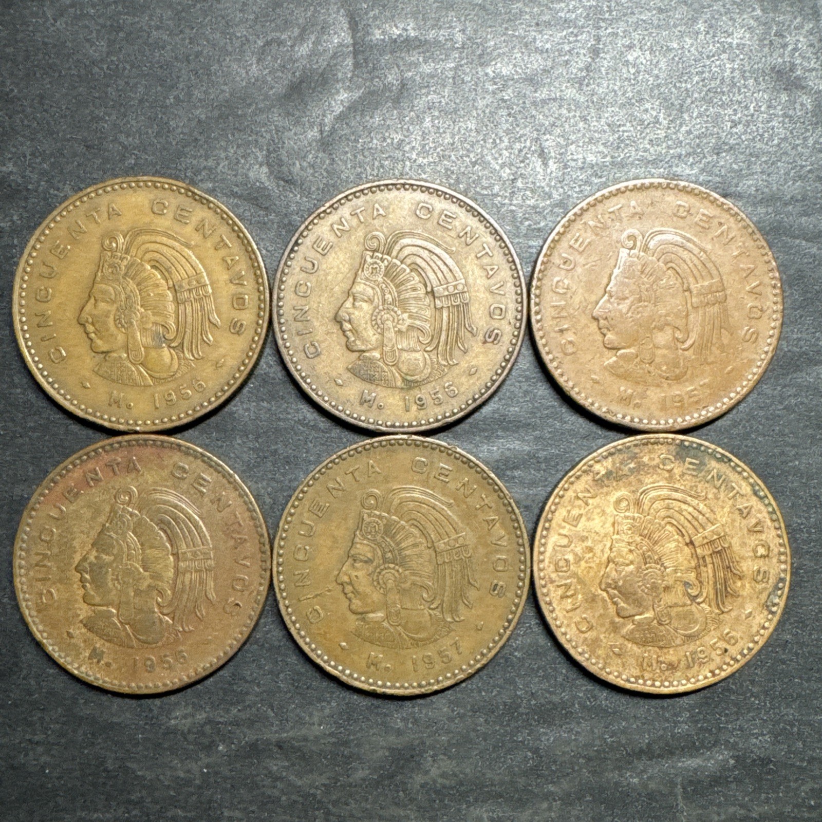 1956 1957 Cincuenta Centavos Lot Of 6 Estados Unidos Mexicanos 50 Centavos Coin