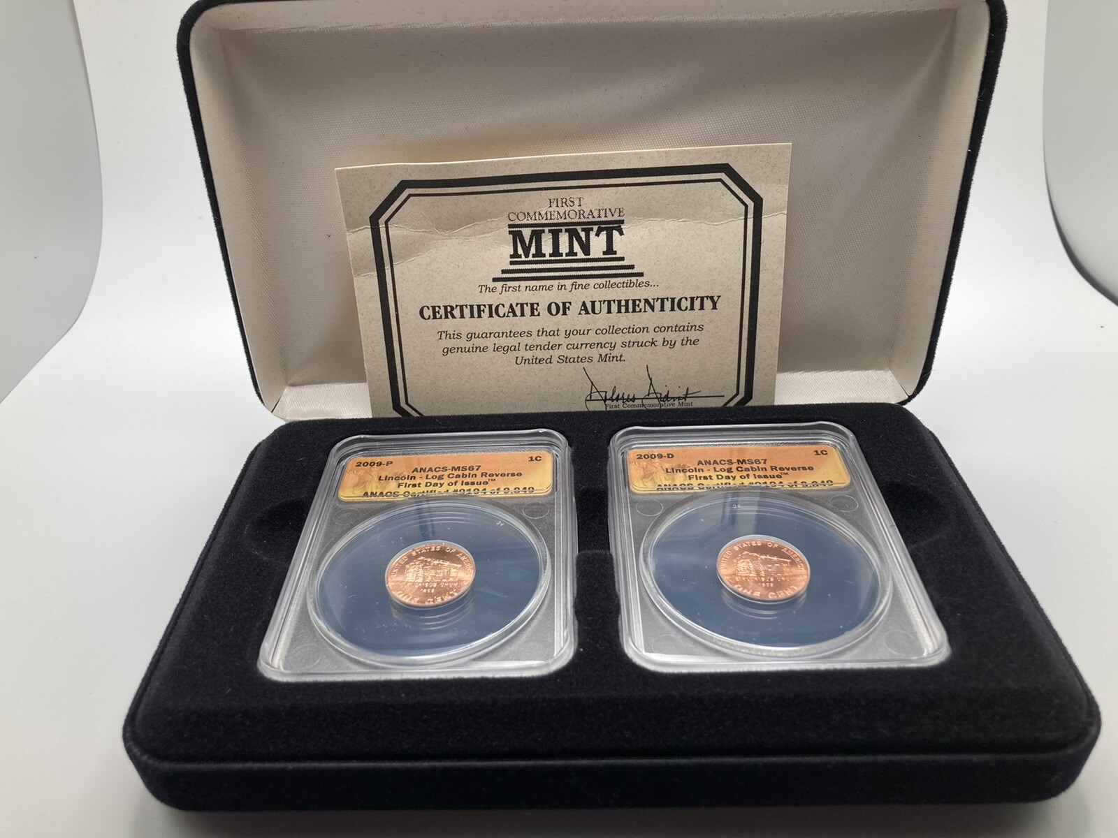 2009 P & D Lincoln Cabin,2 coins, ANACS MS 67 FDOI, #9194 OR #9366 of #9849 COA