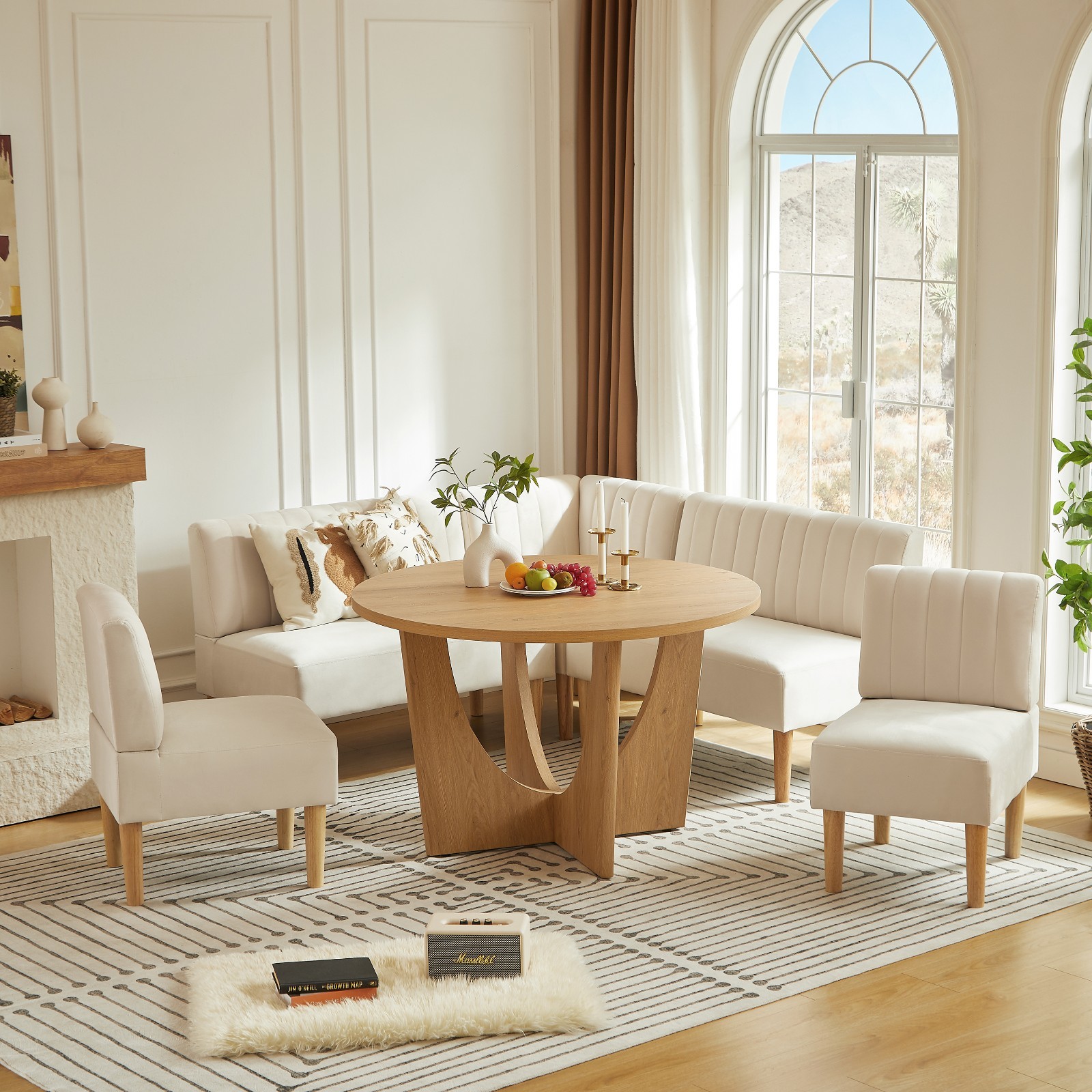 47" Farmhouse 5-Piece Round Dining Table Set Loveseat Chairs for Kitchen Nook