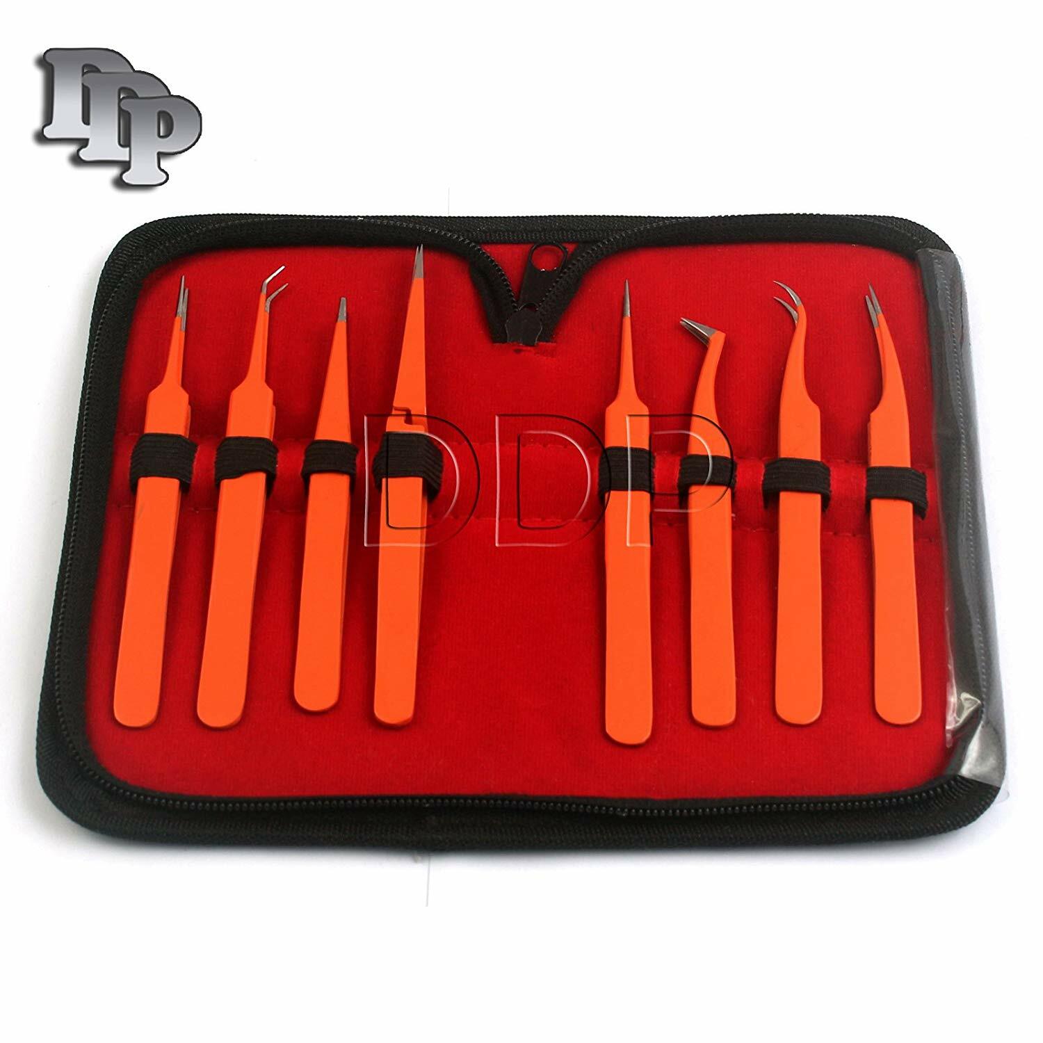Set Of 8 Pieces Stainless Steel Orange Color Eyelash Extension Tweezers