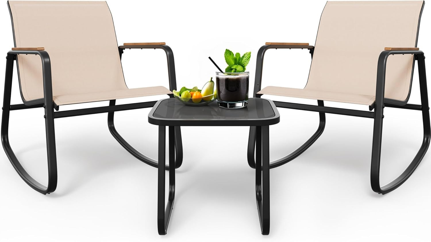 Patio Rocking Bistro Set, 3 Piece Durable Textilene Outdoor Furniture Set, Woode